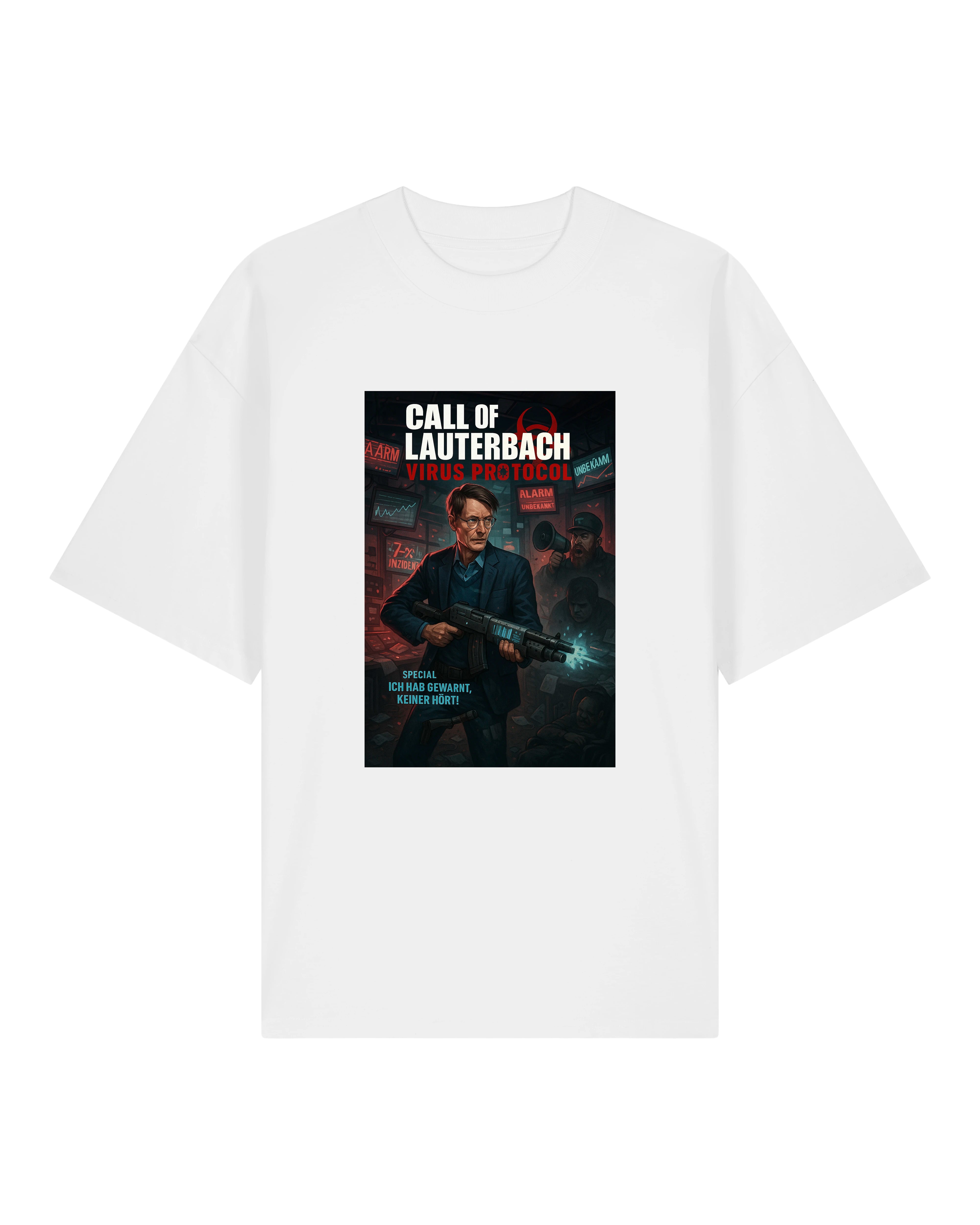Weißes Shirt mit politischer Satire im Gaming-Stil.