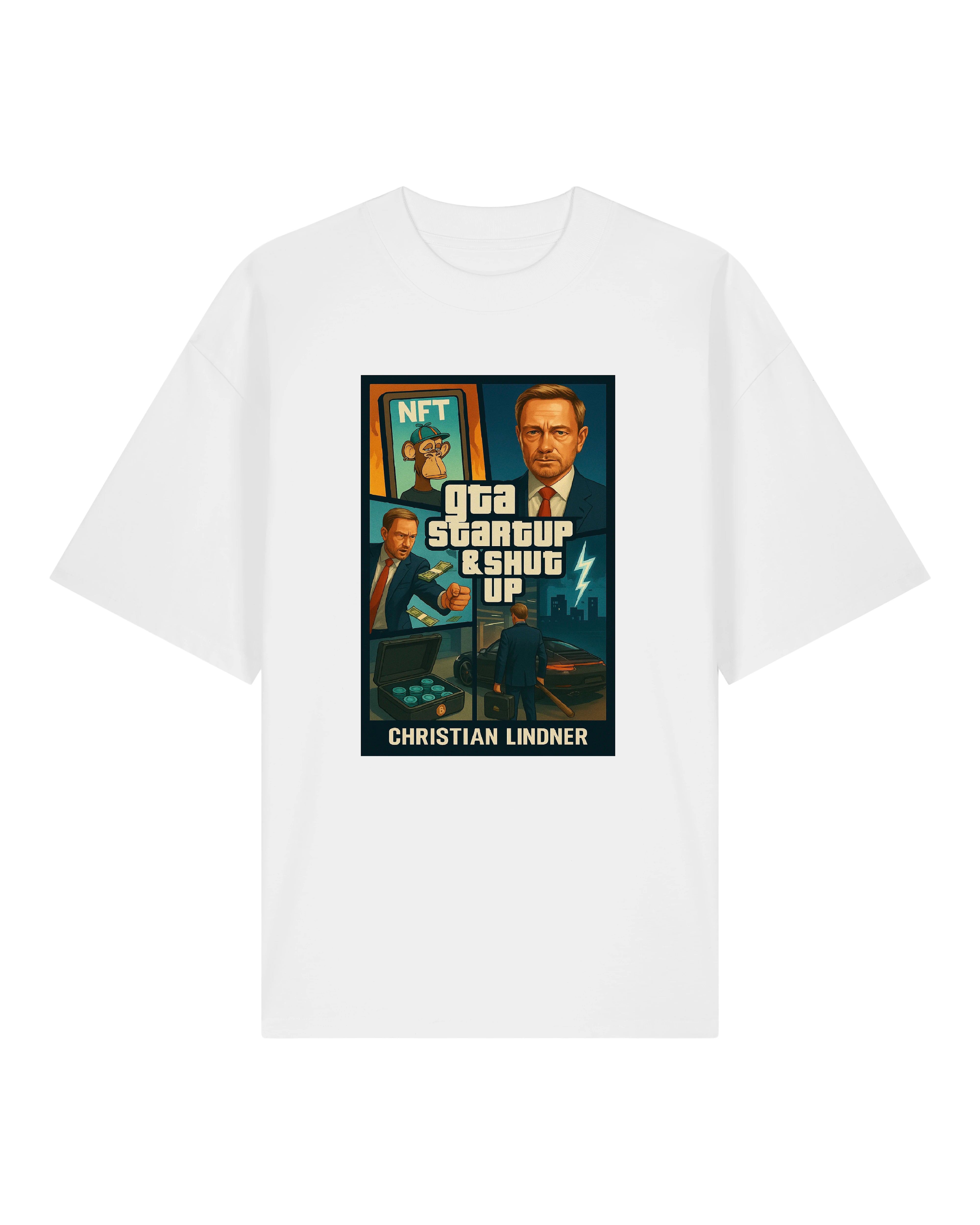 Satirisches T-Shirt mit GTA-Design von Christian Lindner, inklusive Meme-Elementen wie NFTs, E-Auto & Business-Optik.