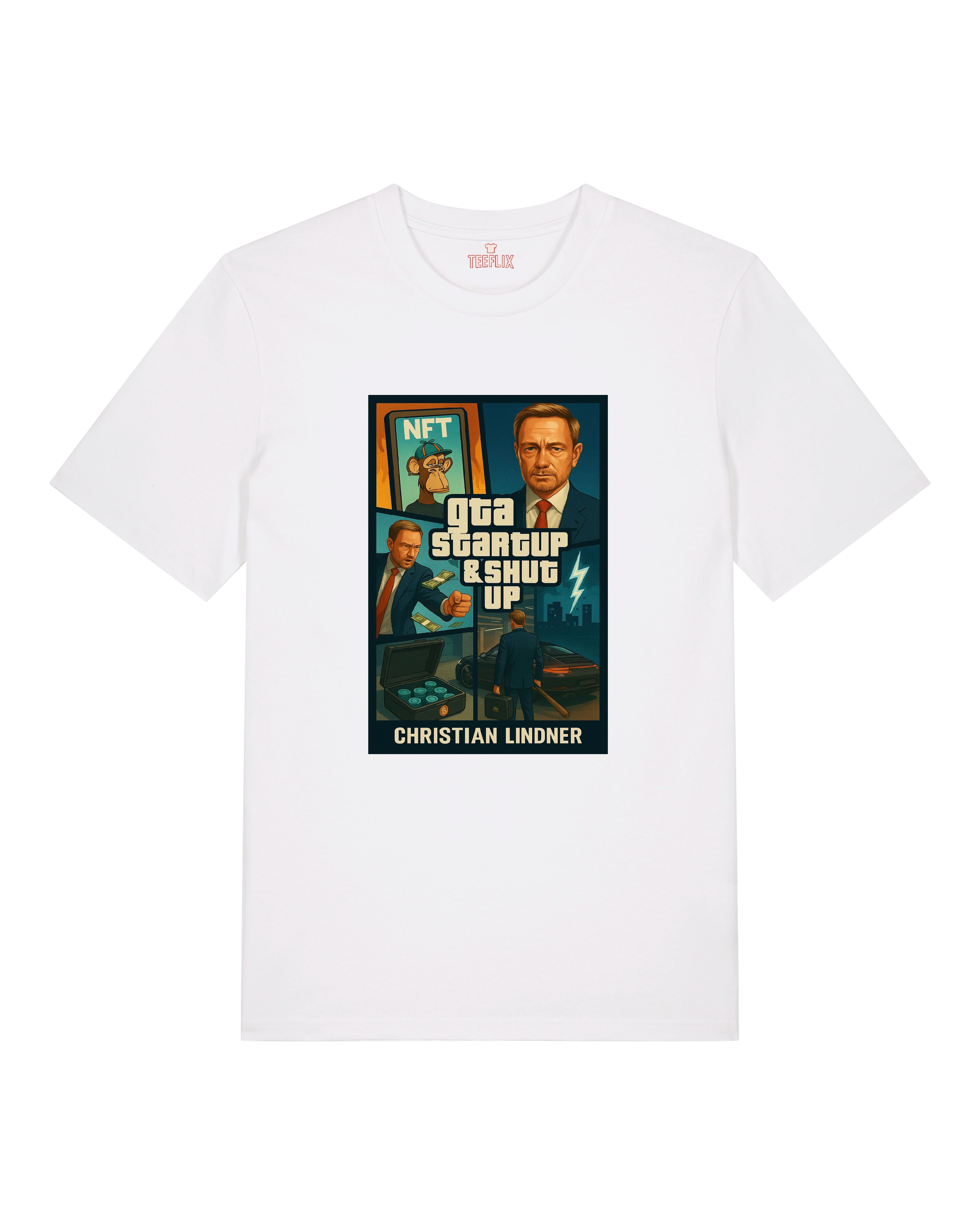 Satirisches T-Shirt mit GTA-Design von Christian Lindner, inklusive Meme-Elementen wie NFTs, E-Auto & Business-Optik.