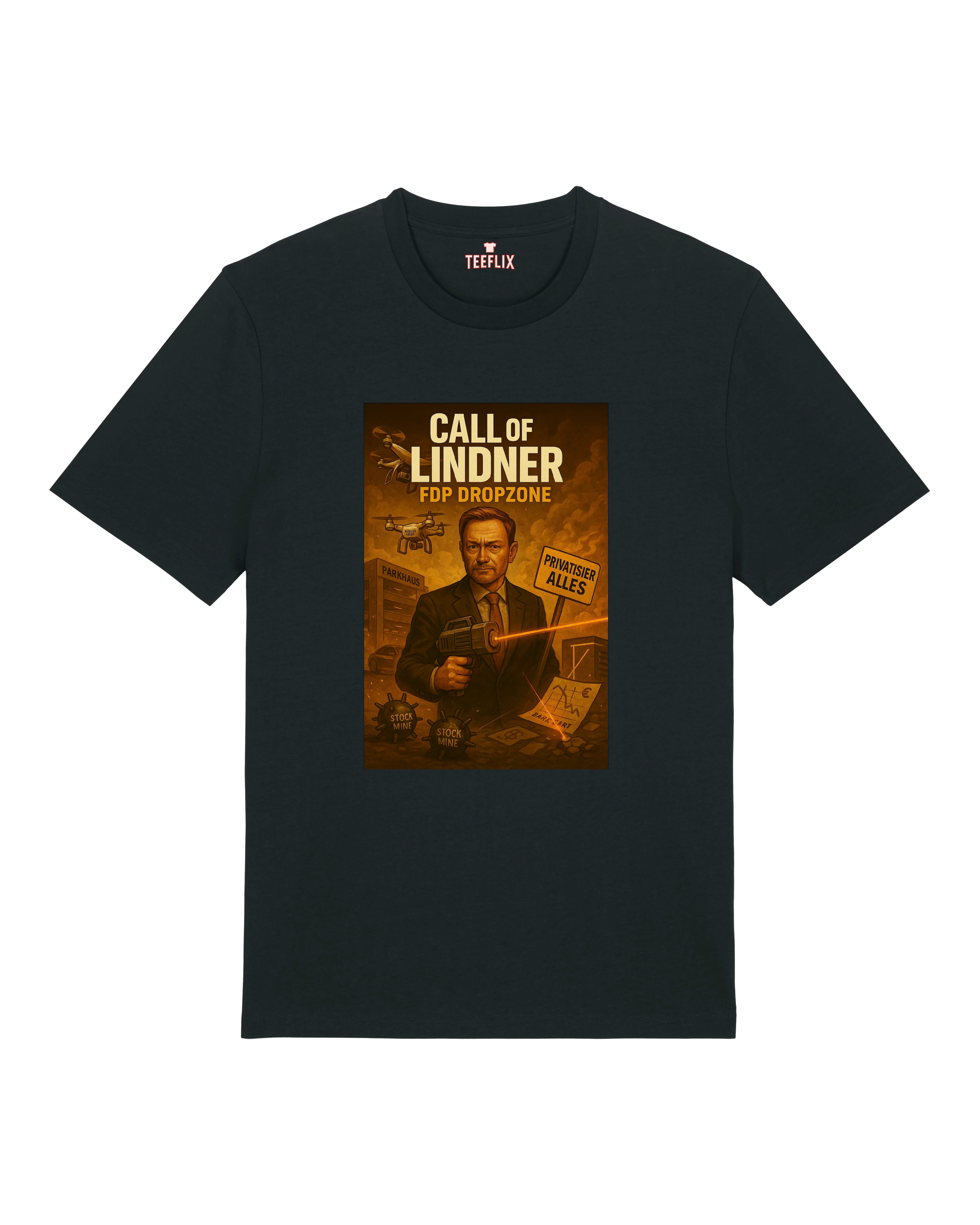 Schwarzes T-Shirt mit satirischem "Call of Lindner – FDP Dropzone"-Print. Lindner mit Laserpistole und Privatisierungsmission.