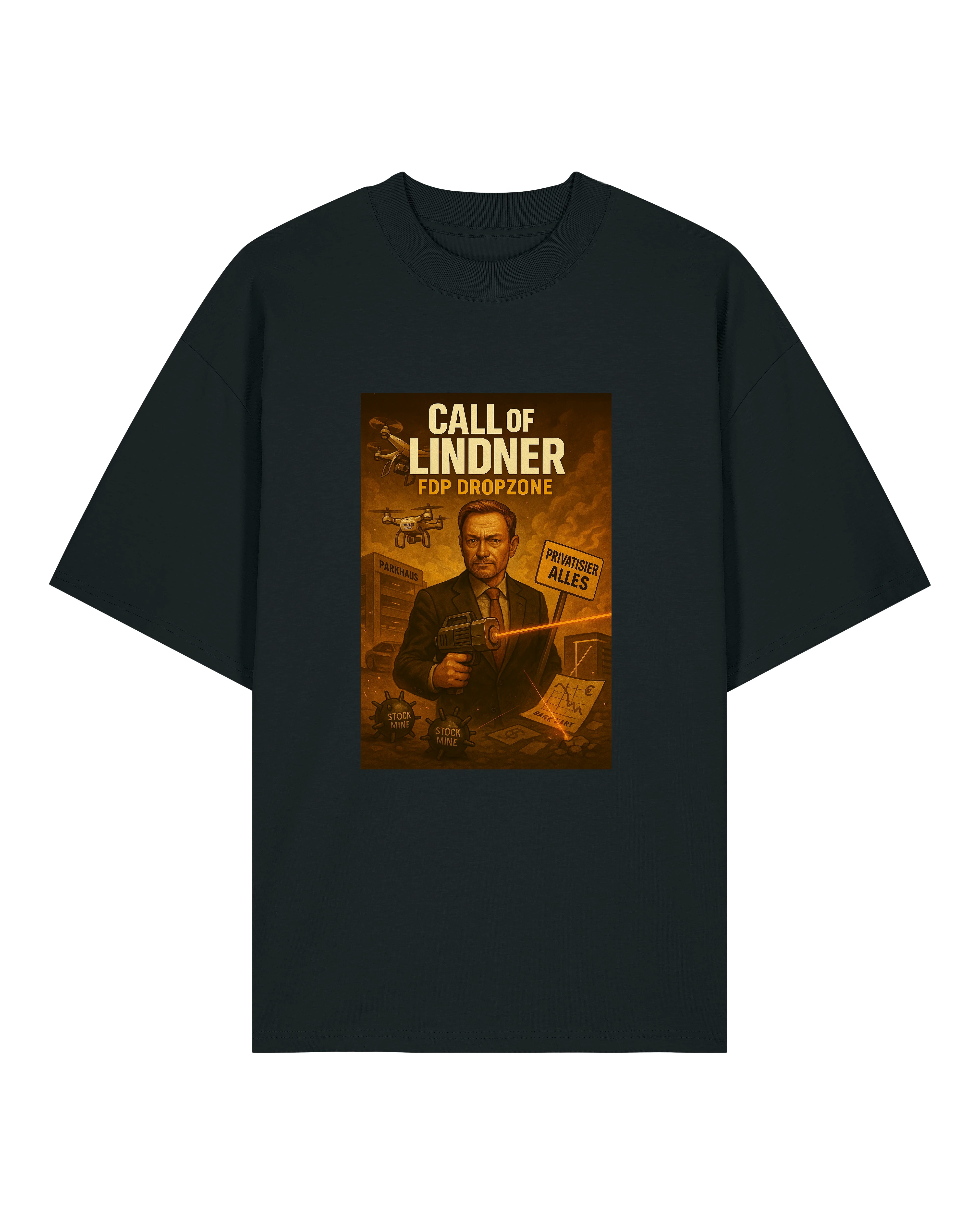 Schwarzes T-Shirt mit satirischem "Call of Lindner – FDP Dropzone"-Print. Lindner mit Laserpistole und Privatisierungsmission.