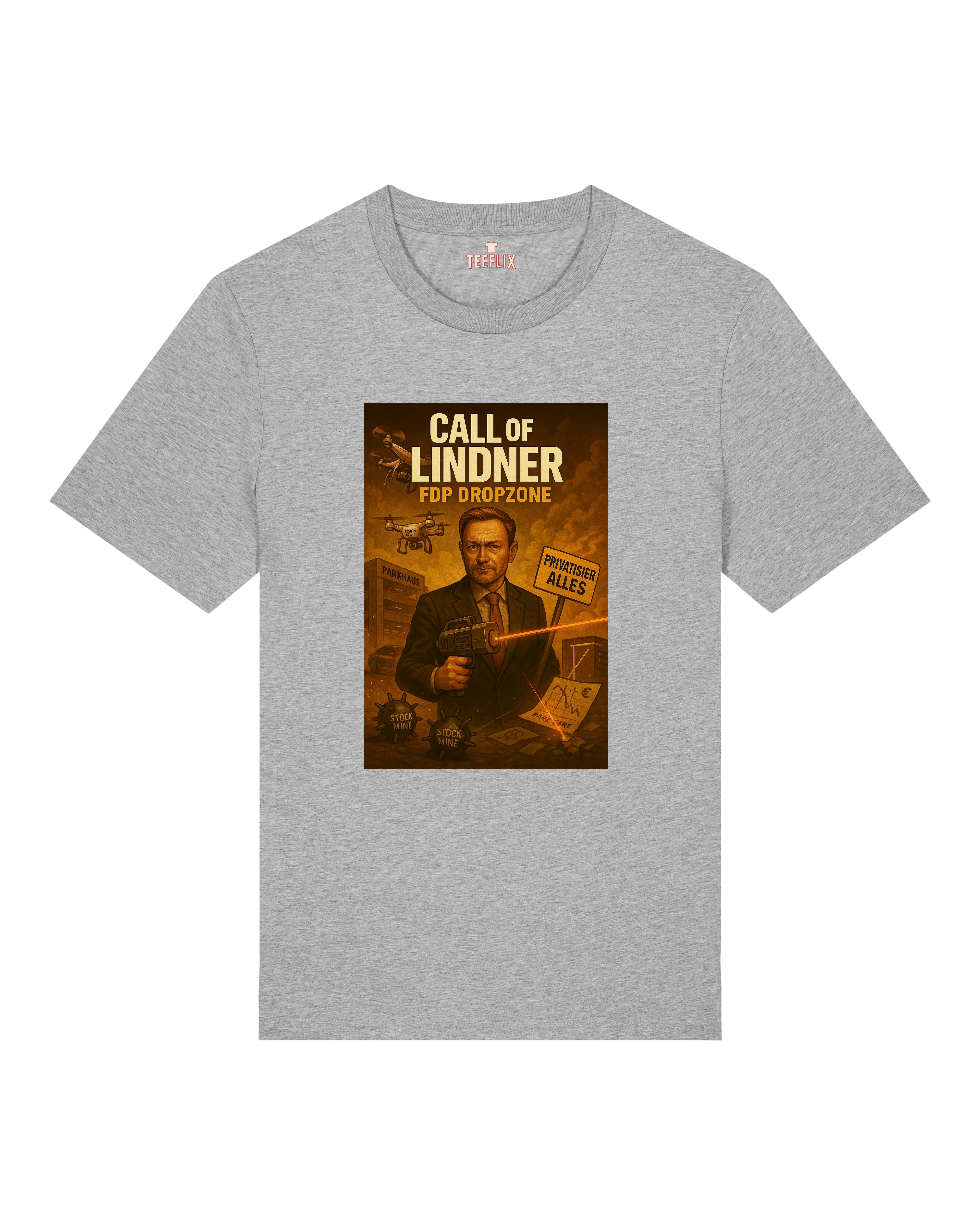 Graues T-Shirt mit dem bekannten "Call of Lindner – FDP Dropzone"-Print. Ideal für dezente Nerd-Power.