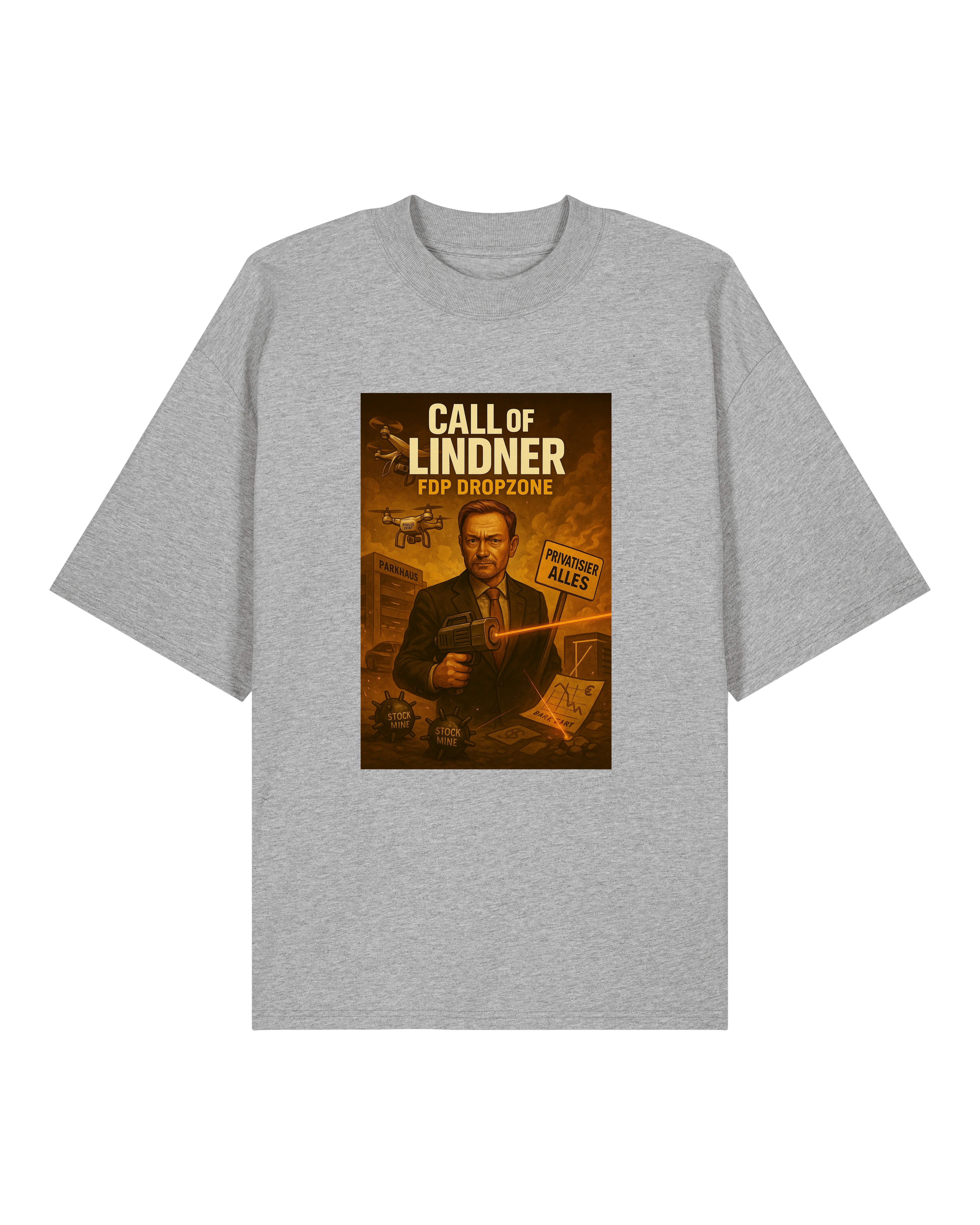 Graues T-Shirt mit dem bekannten "Call of Lindner – FDP Dropzone"-Print. Ideal für dezente Nerd-Power.