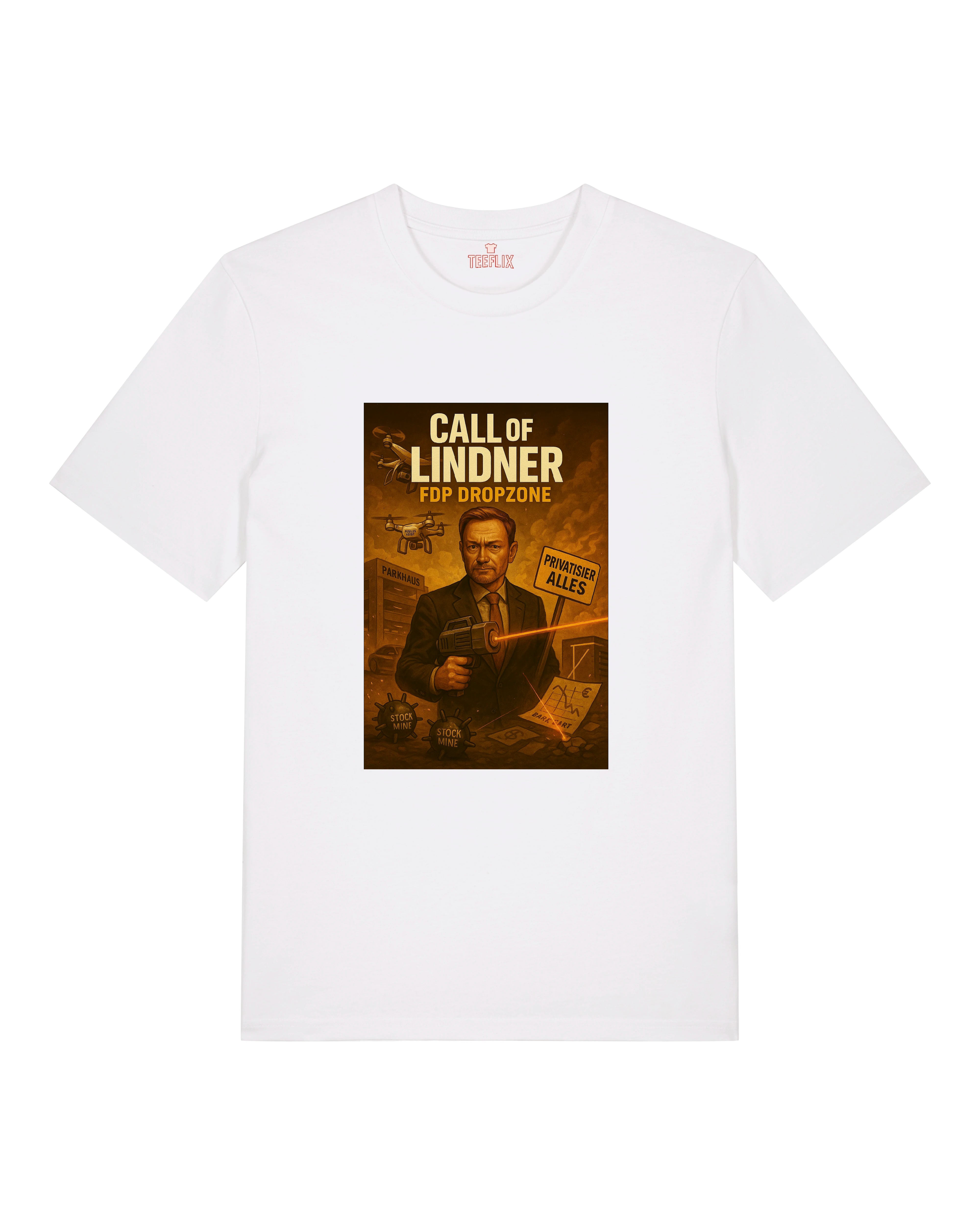 Weißes T-Shirt mit dem Motiv "Call of Lindner – FDP Dropzone". Polit-Satire trifft Retro-Game-Design.