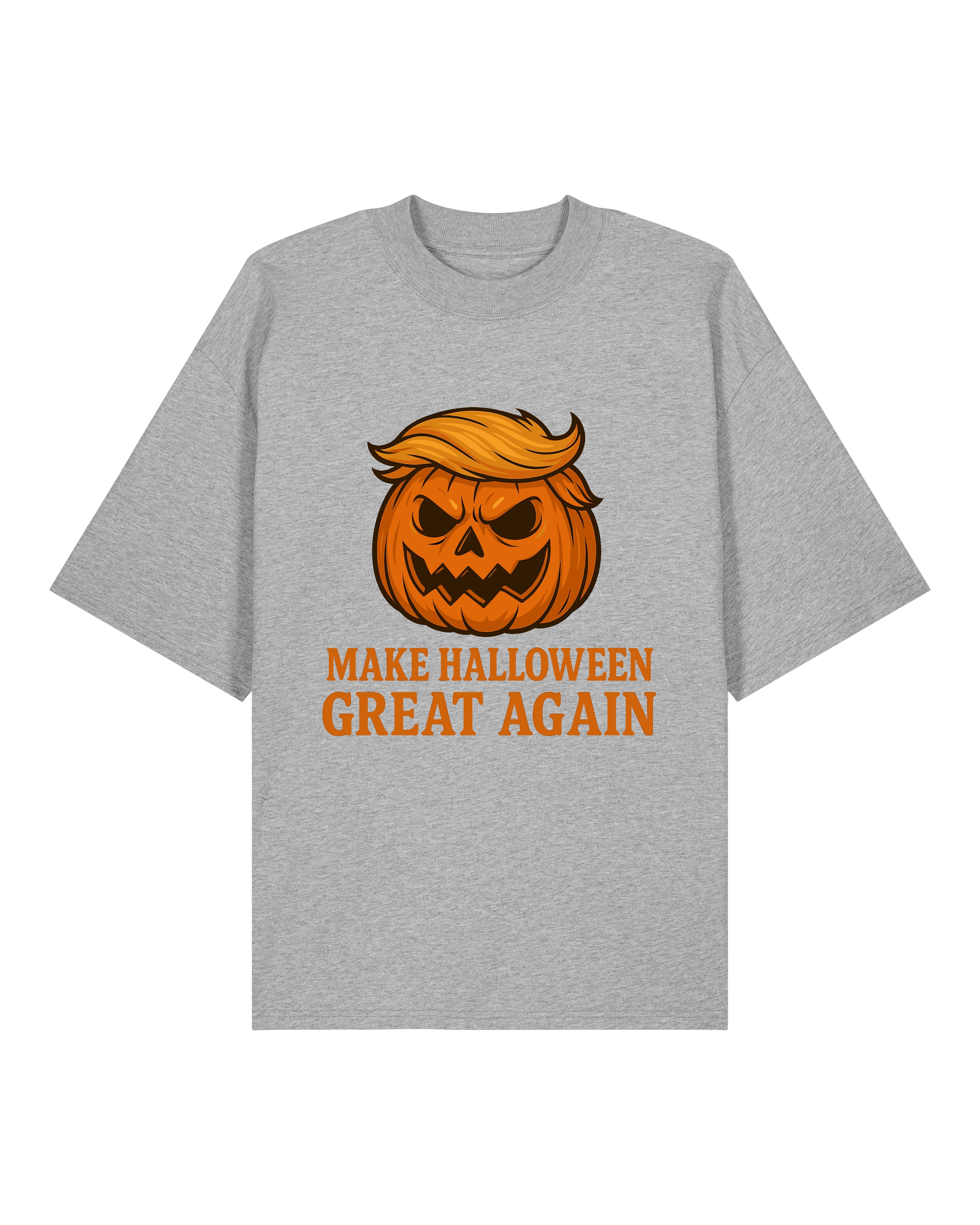 Graues Halloween Shirt mit Kürbisfratze und Text „Make Halloween Great Again“ – lockerer Schnitt