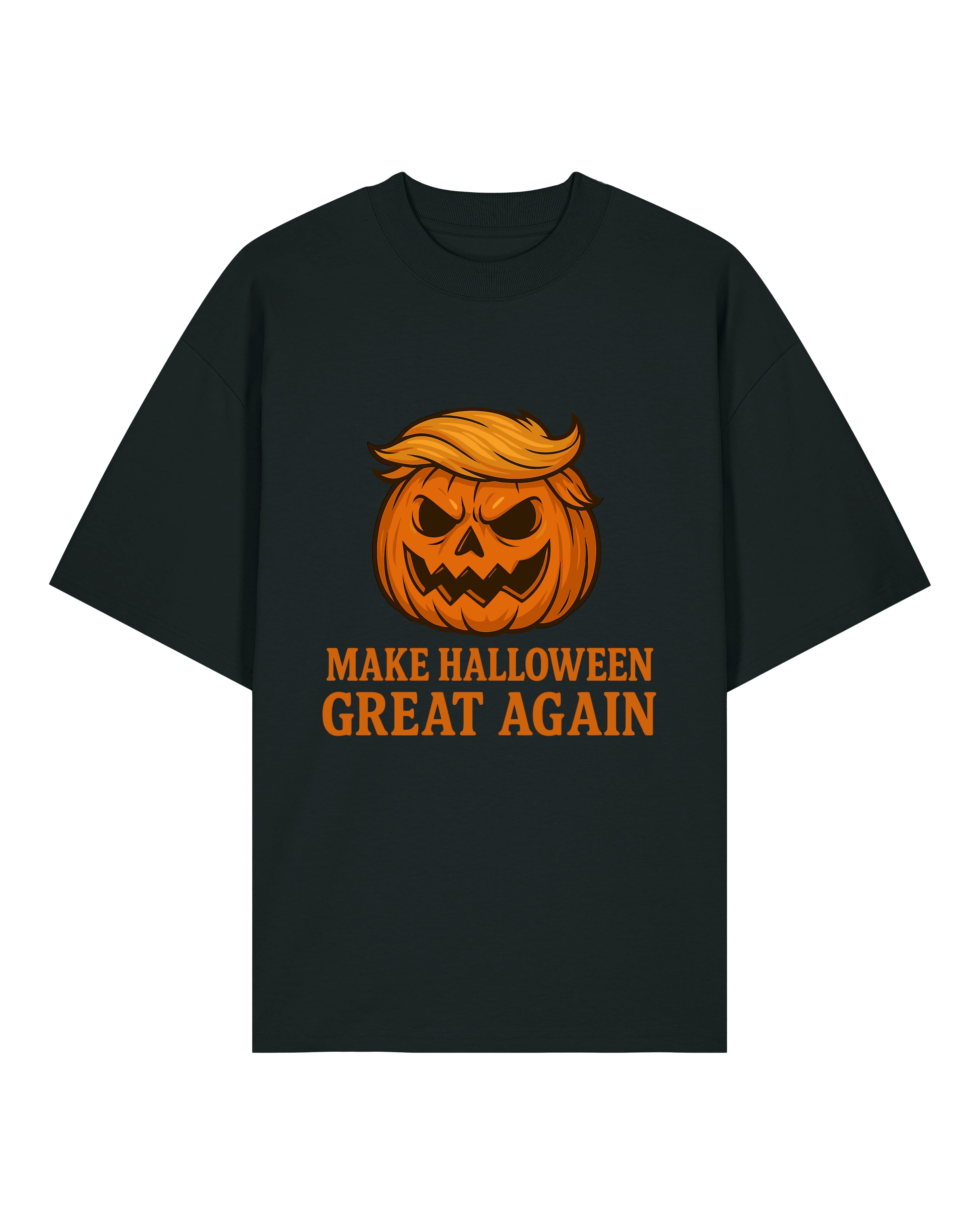Halloween T-Shirt in Schwarz mit Kürbiskopf und „Make Halloween Great Again“ Aufdruck – weiter Schnitt
