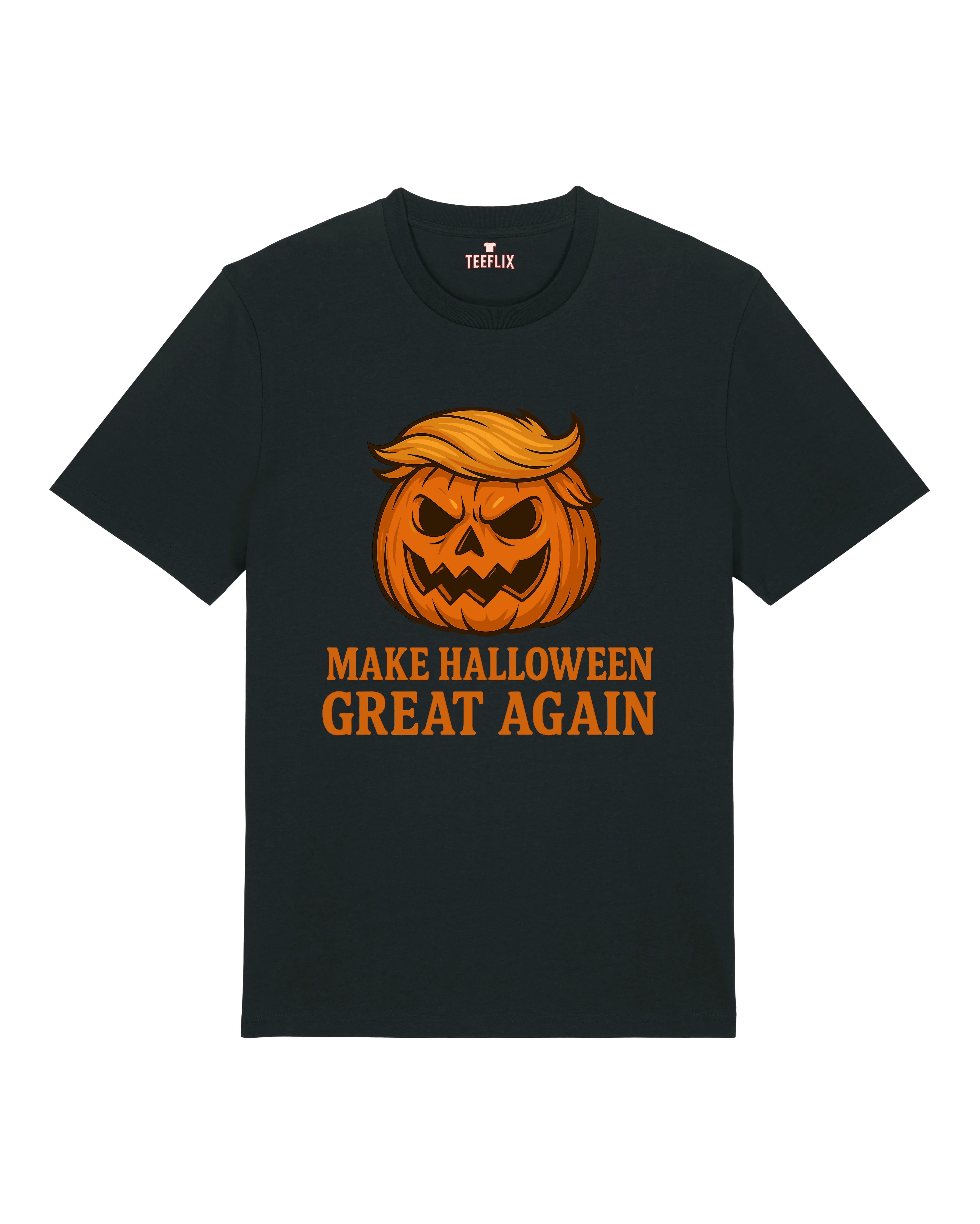 Schwarzes T-Shirt mit Kürbisfratze und Spruch „Make Halloween Great Again“ – witziges Halloween Shirt