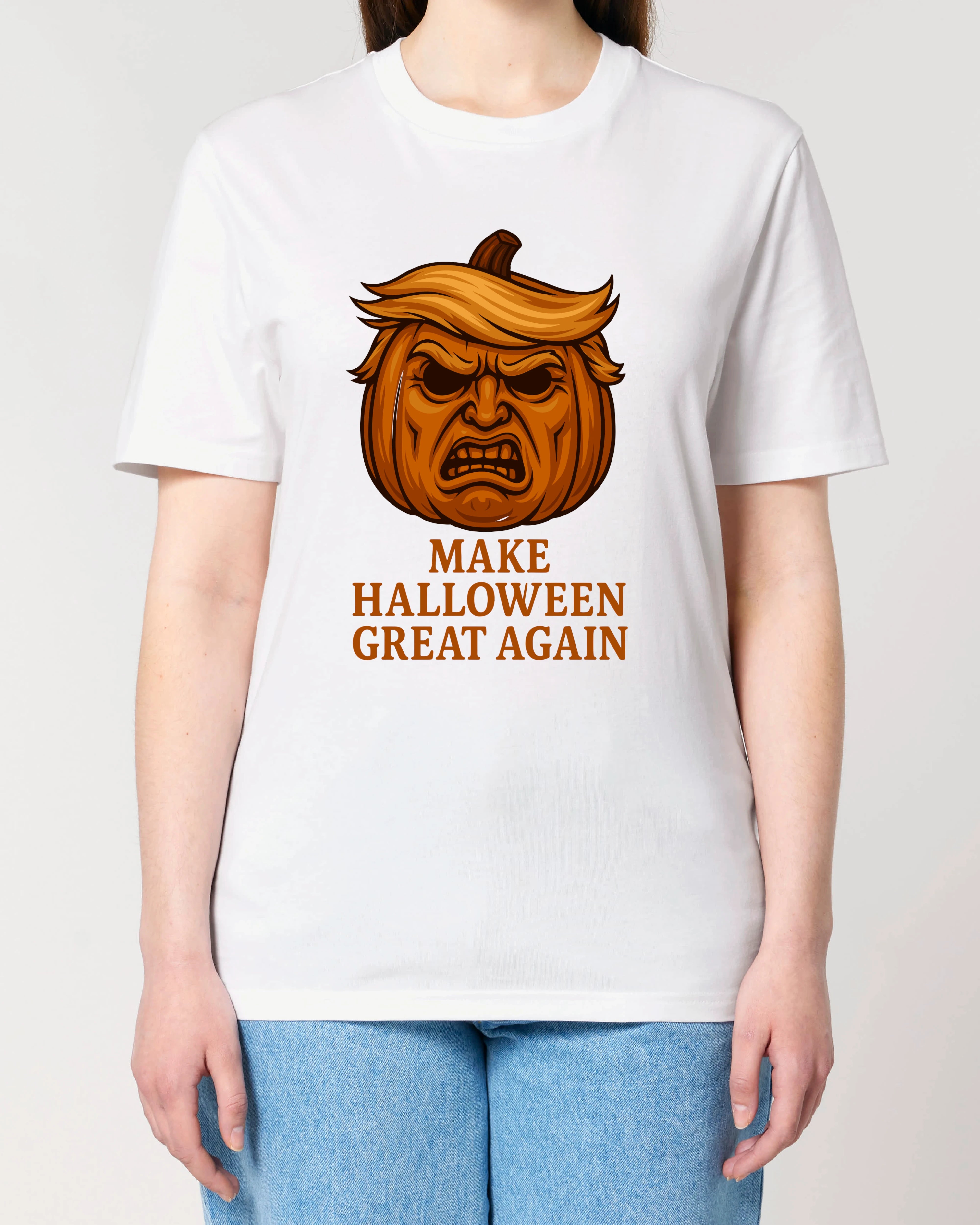 Make Halloween Great Again Halloween Shirt für Damen in Weiß – Lustiges Horror Spruchshirt mit Kürbis, Normal Fit, 100% Bio-Baumwolle, Teeflix