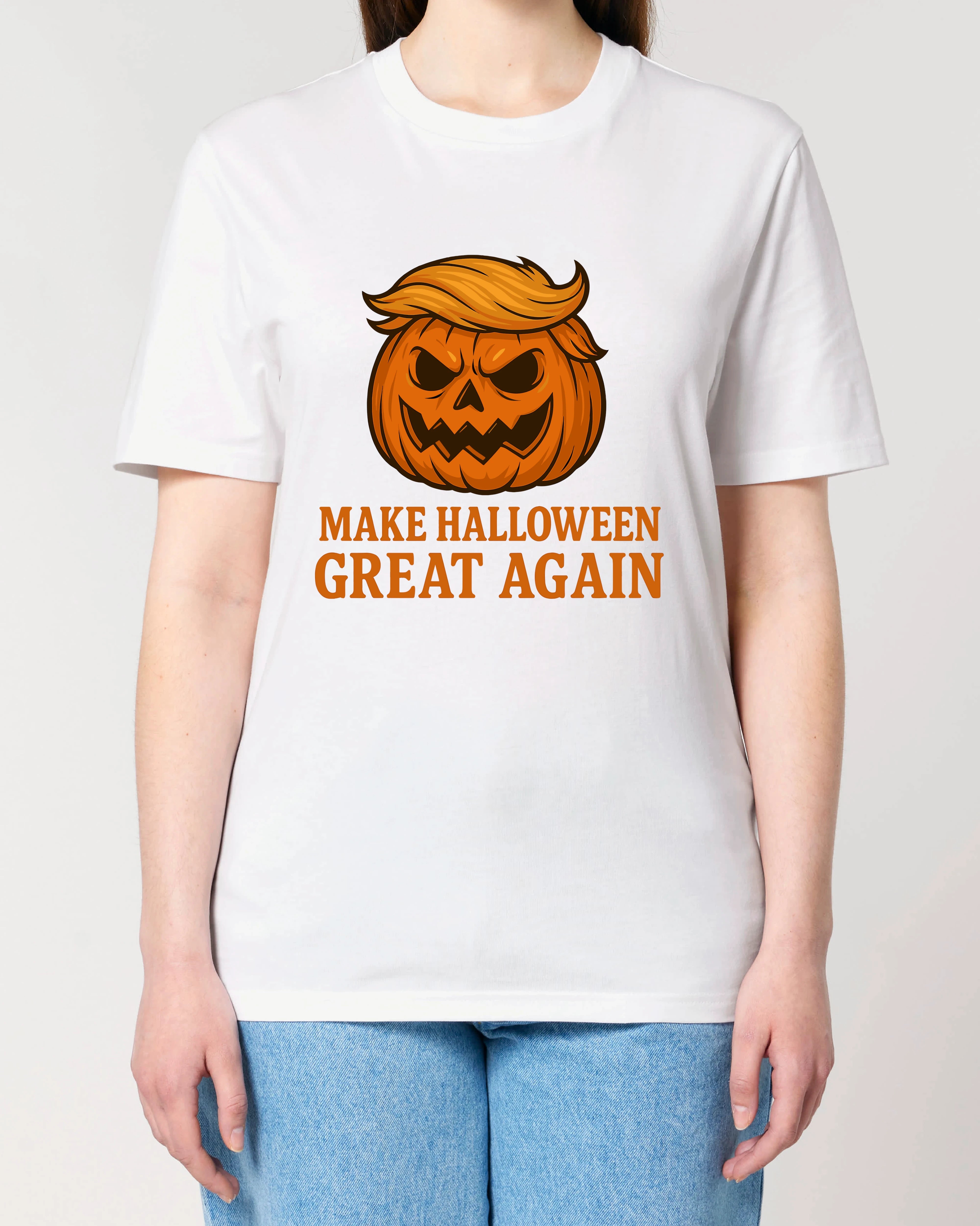 Lustiges Halloween T-Shirt mit Kürbisfratze und Spruch Make Halloween Great Again – weiß – Damen Schnitt