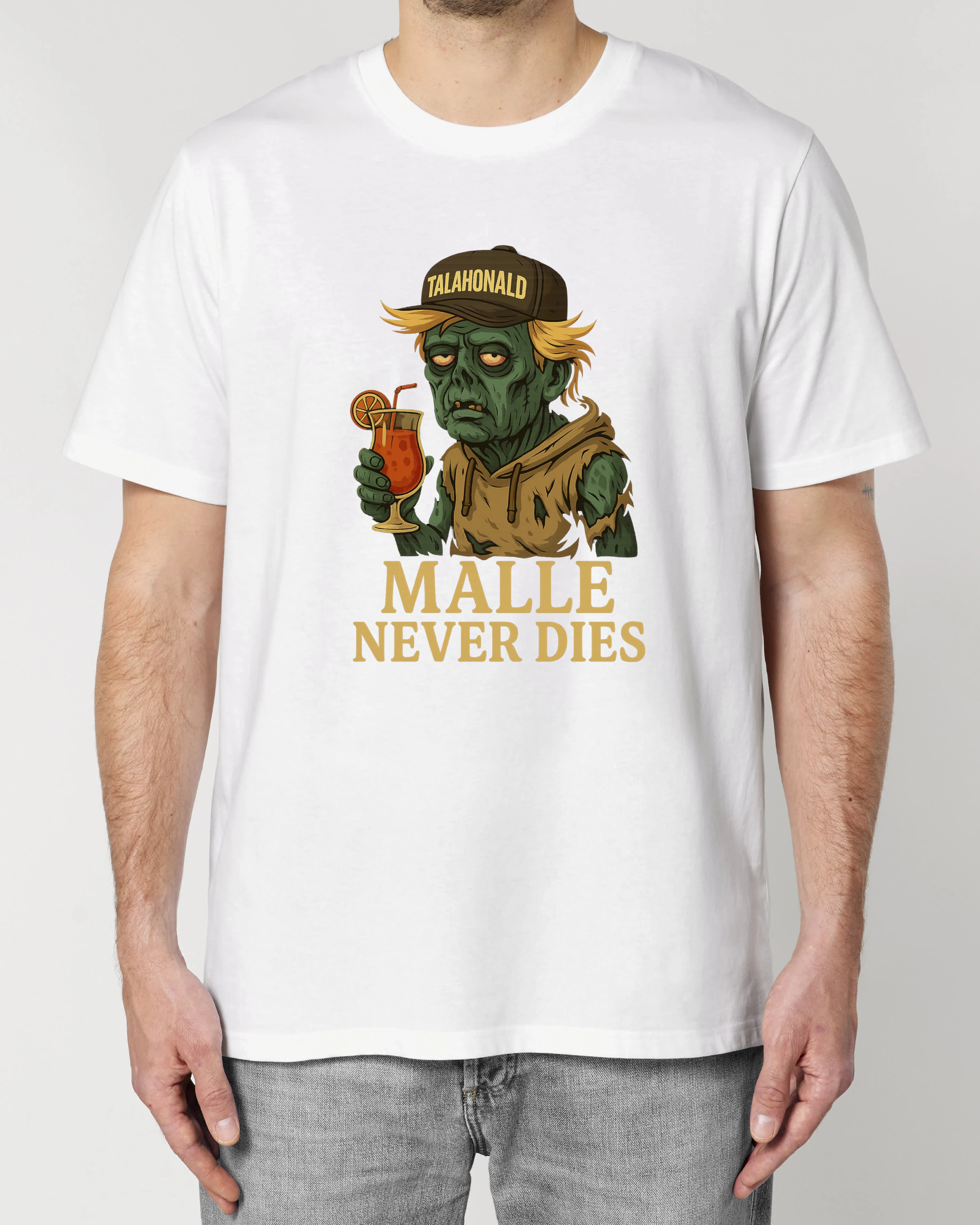 Witziges Shirt „Malle Never Dies“ – Unisex Weiß – Teeflix