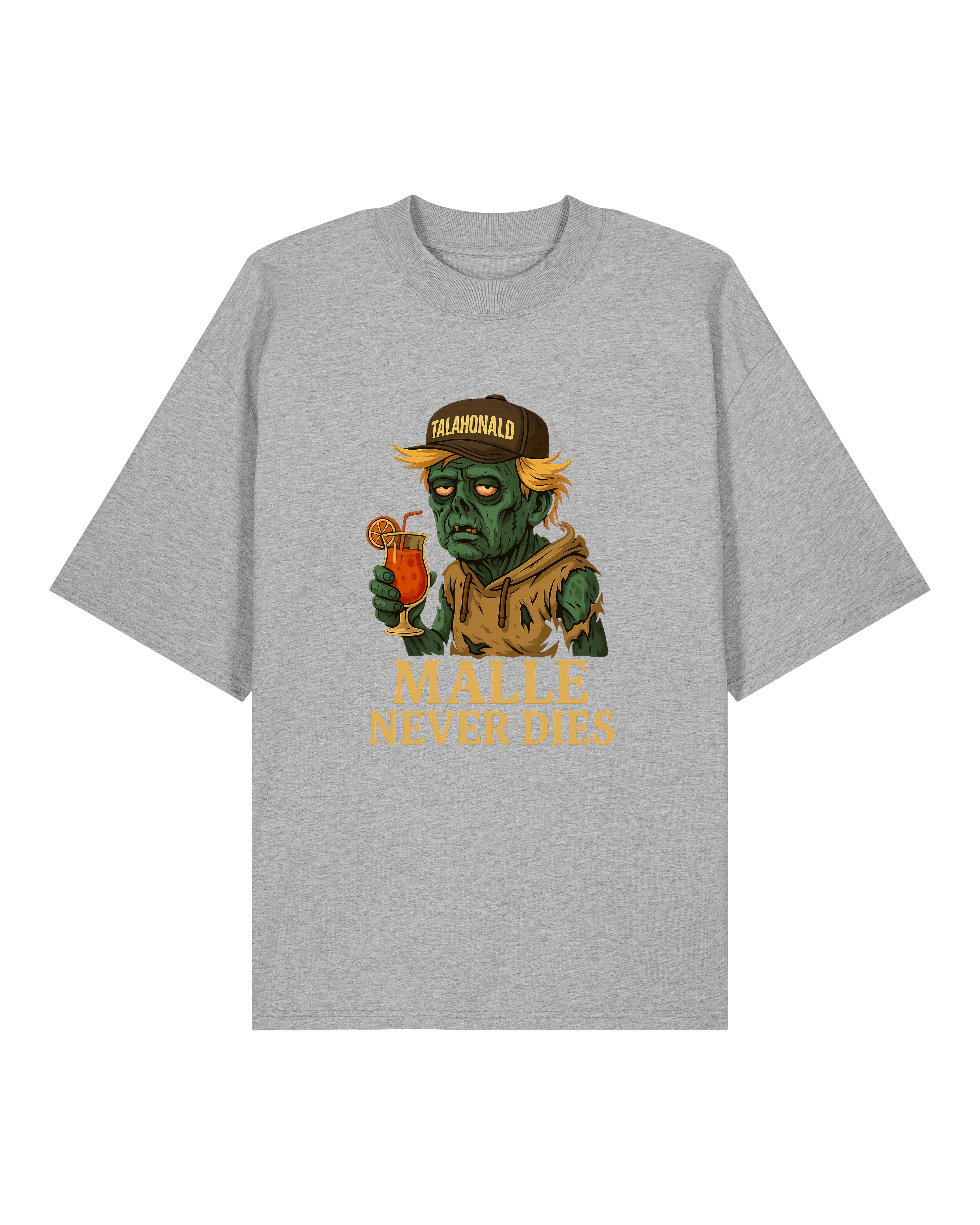Lustiges Malle Shirt – Oversized Grau – Zombie mit Drink – Teeflix