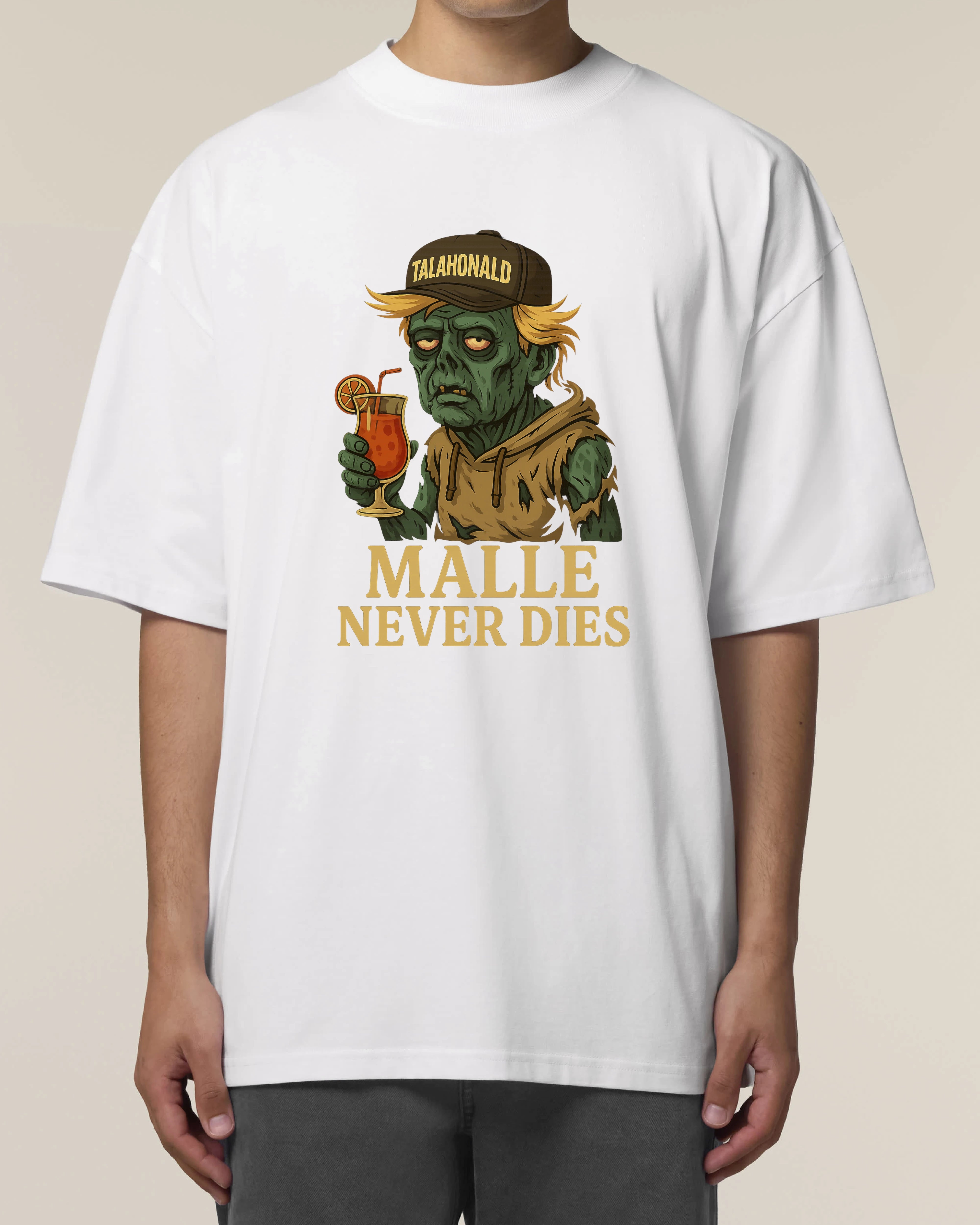 Oversized Malle T-Shirt – Zombie mit Drink – Weiß – Teeflix