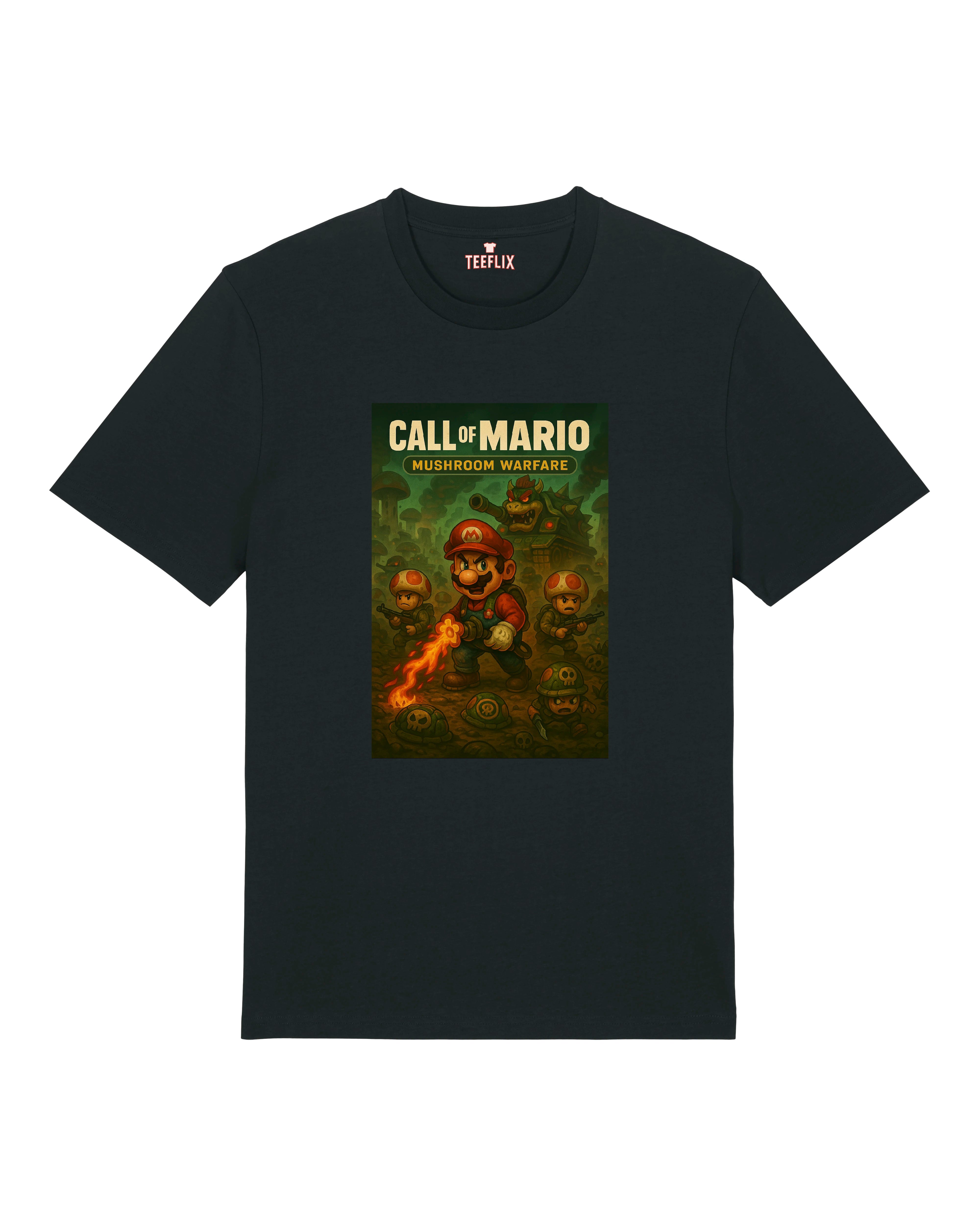 Beschreibung: Call of Mario Shirt auf schwarzem T-Shirt – Mario mit Flammenwerfer im Pilzkrieg