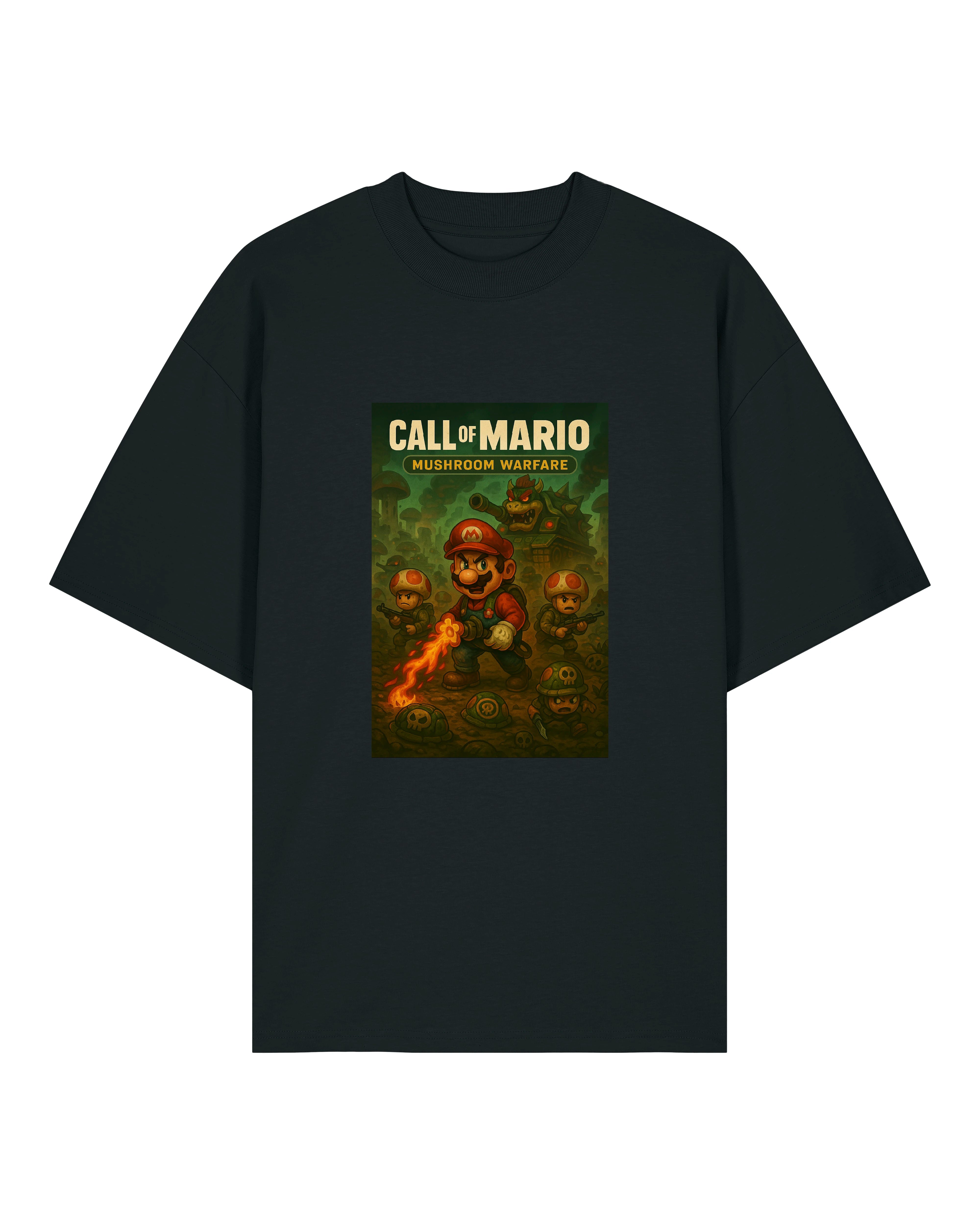 Beschreibung: Call of Mario Shirt auf schwarzem T-Shirt – Mario mit Flammenwerfer im Pilzkrieg