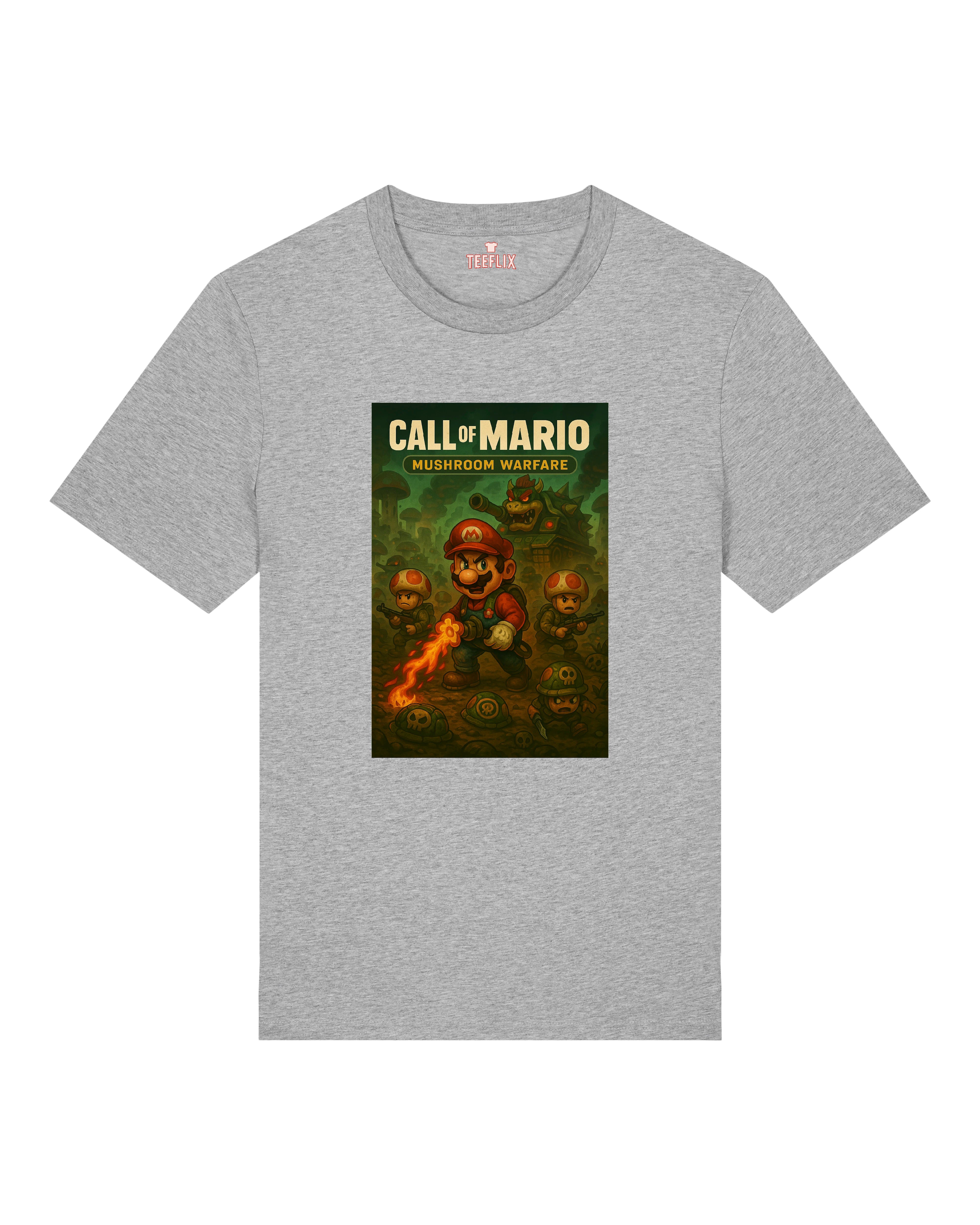 Beschreibung: Lustiges "Call of Mario – Mushroom Warfare" T-Shirt in Grau mit epischem Gaming-Design