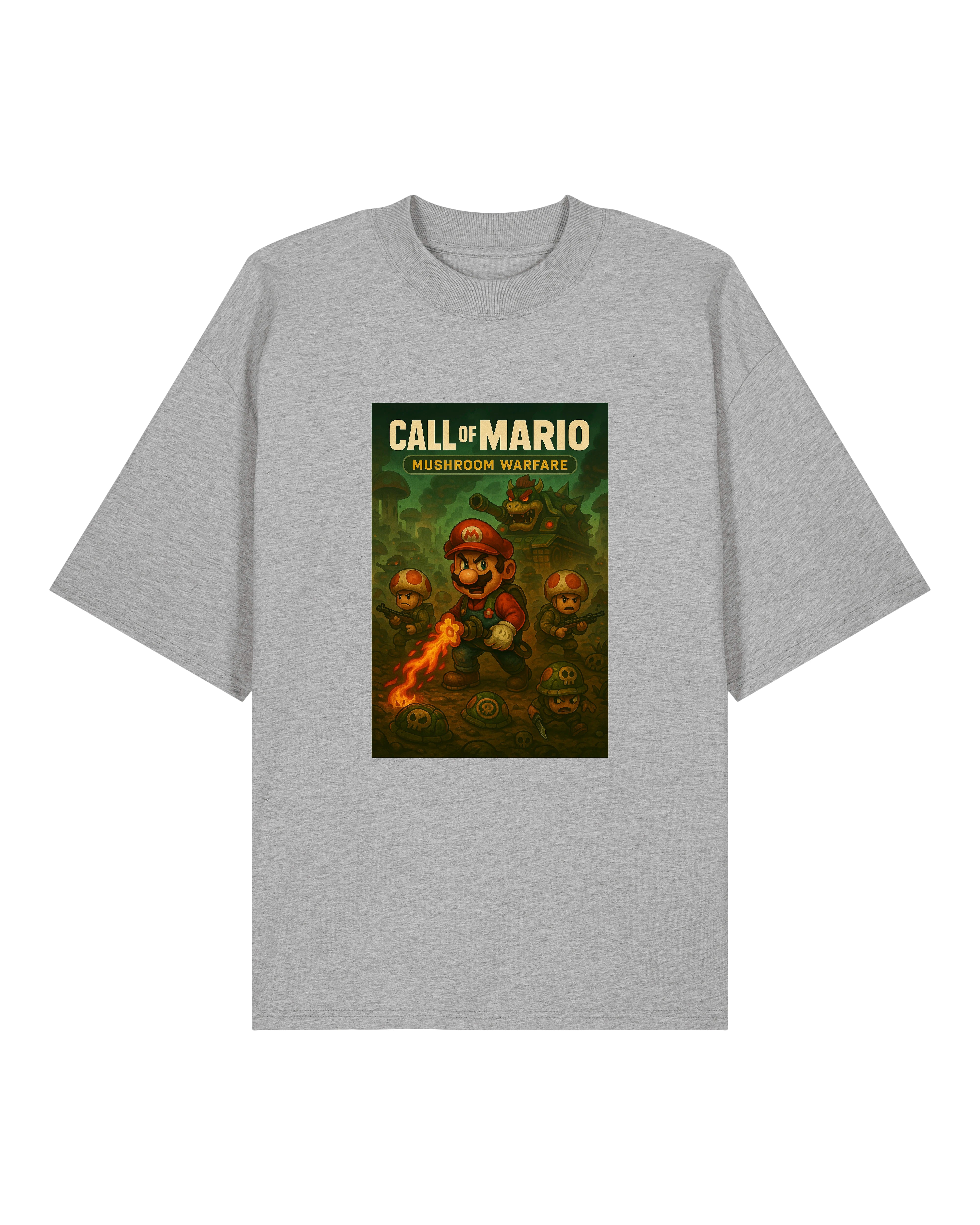 Beschreibung: Lustiges "Call of Mario – Mushroom Warfare" T-Shirt in Grau mit epischem Gaming-Design