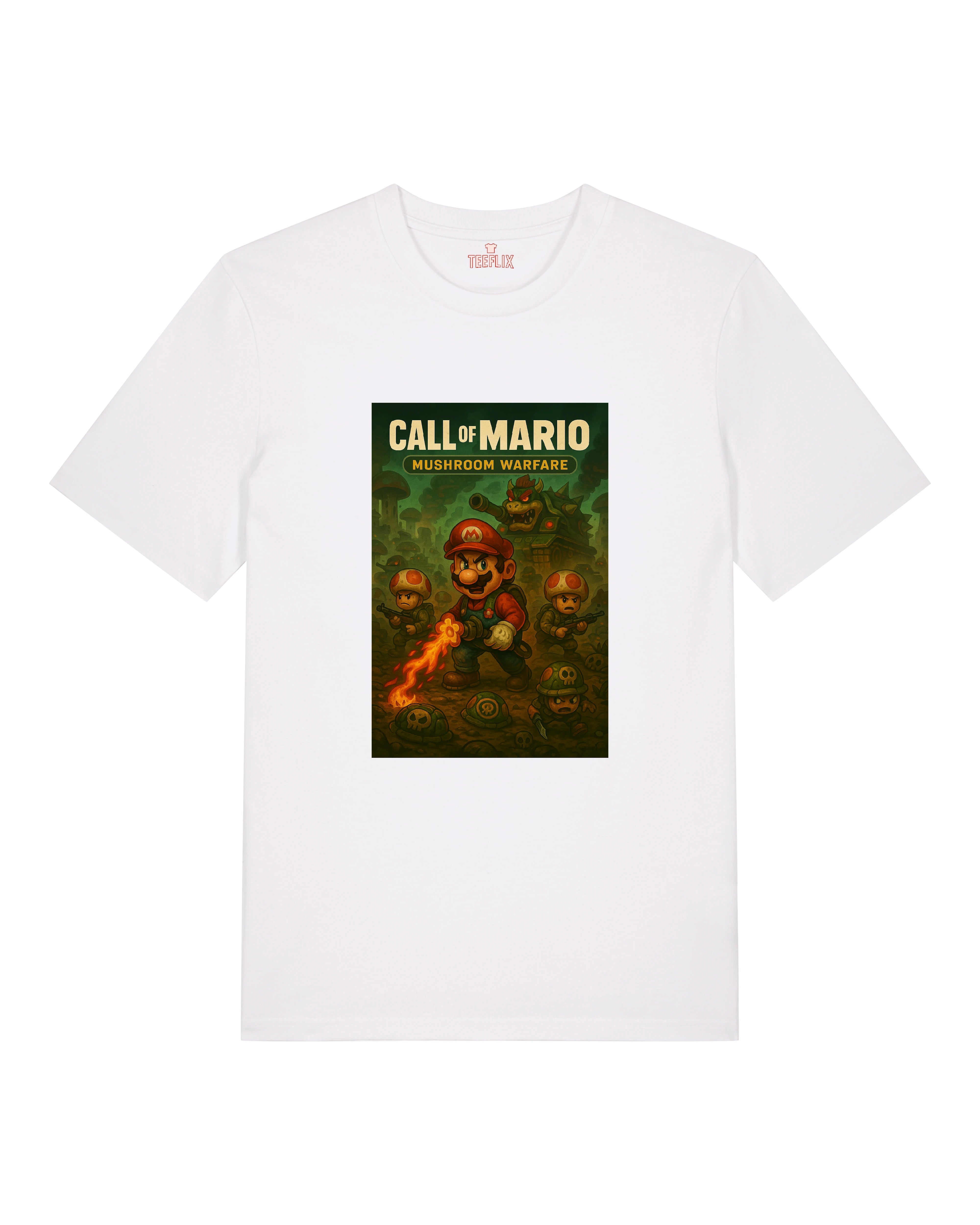 Beschreibung: Call of Mario Parodie auf weißem Shirt – Mario kämpft gegen Pilztruppen mit Feuerkraft