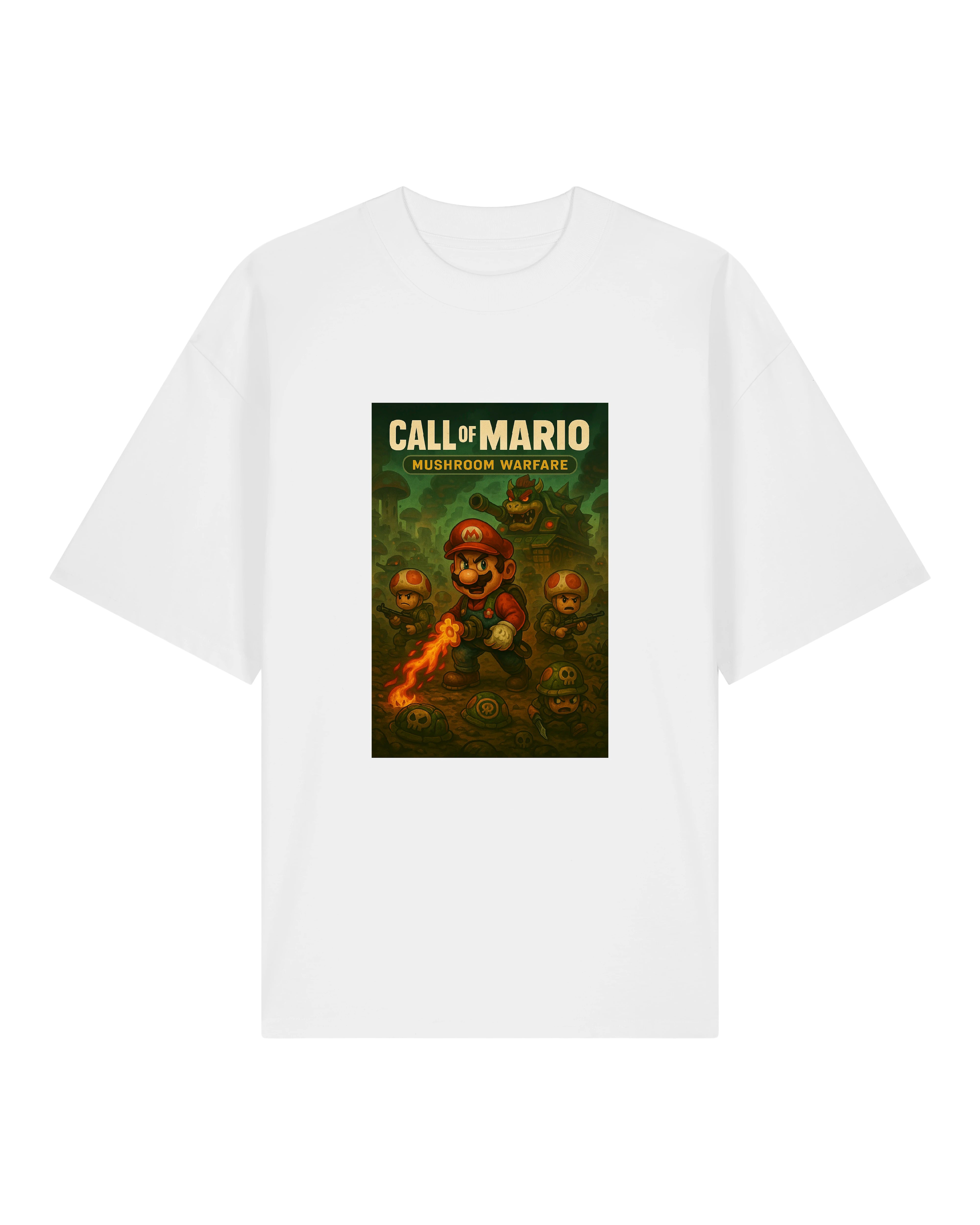 Beschreibung: Call of Mario Parodie auf weißem Shirt – Mario kämpft gegen Pilztruppen mit Feuerkraft