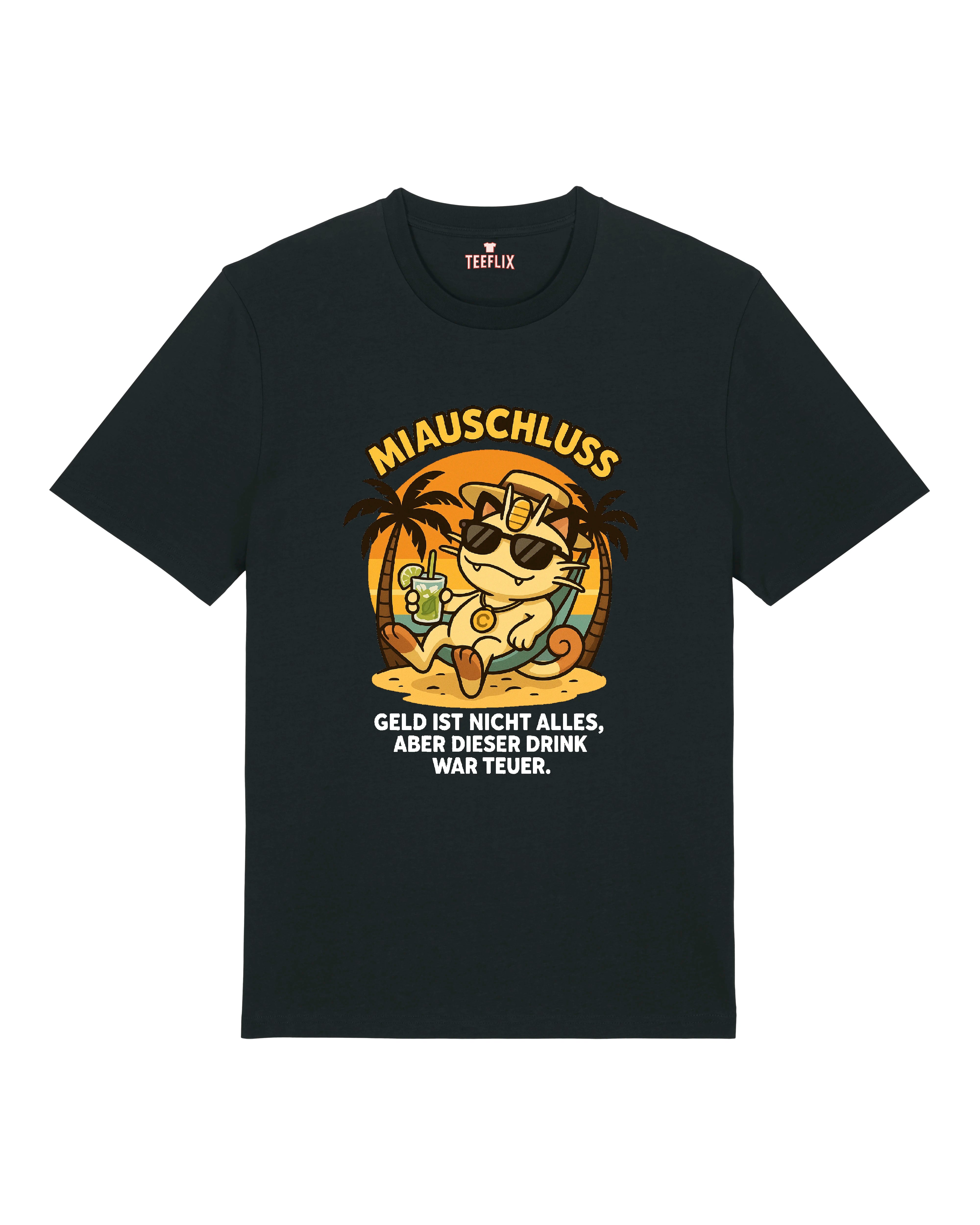 Miausschluss T-Shirt in Schwarz mit chillender Cartoon-Katze, Sonnenuntergangsdesign und einem humorvollen Statement über teure Drinks.