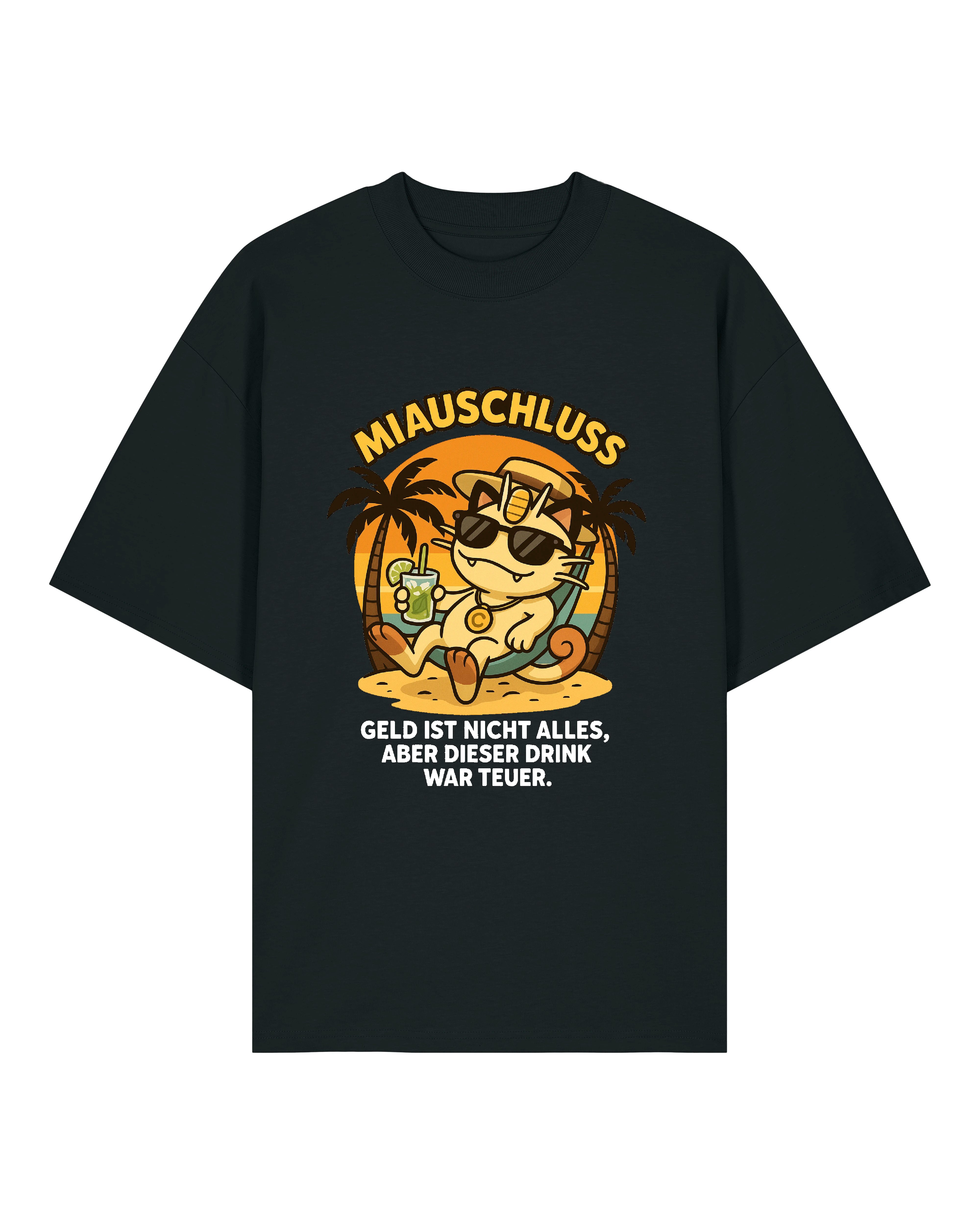 Miausschluss T-Shirt in Schwarz mit chillender Cartoon-Katze, Sonnenuntergangsdesign und einem humorvollen Statement über teure Drinks.