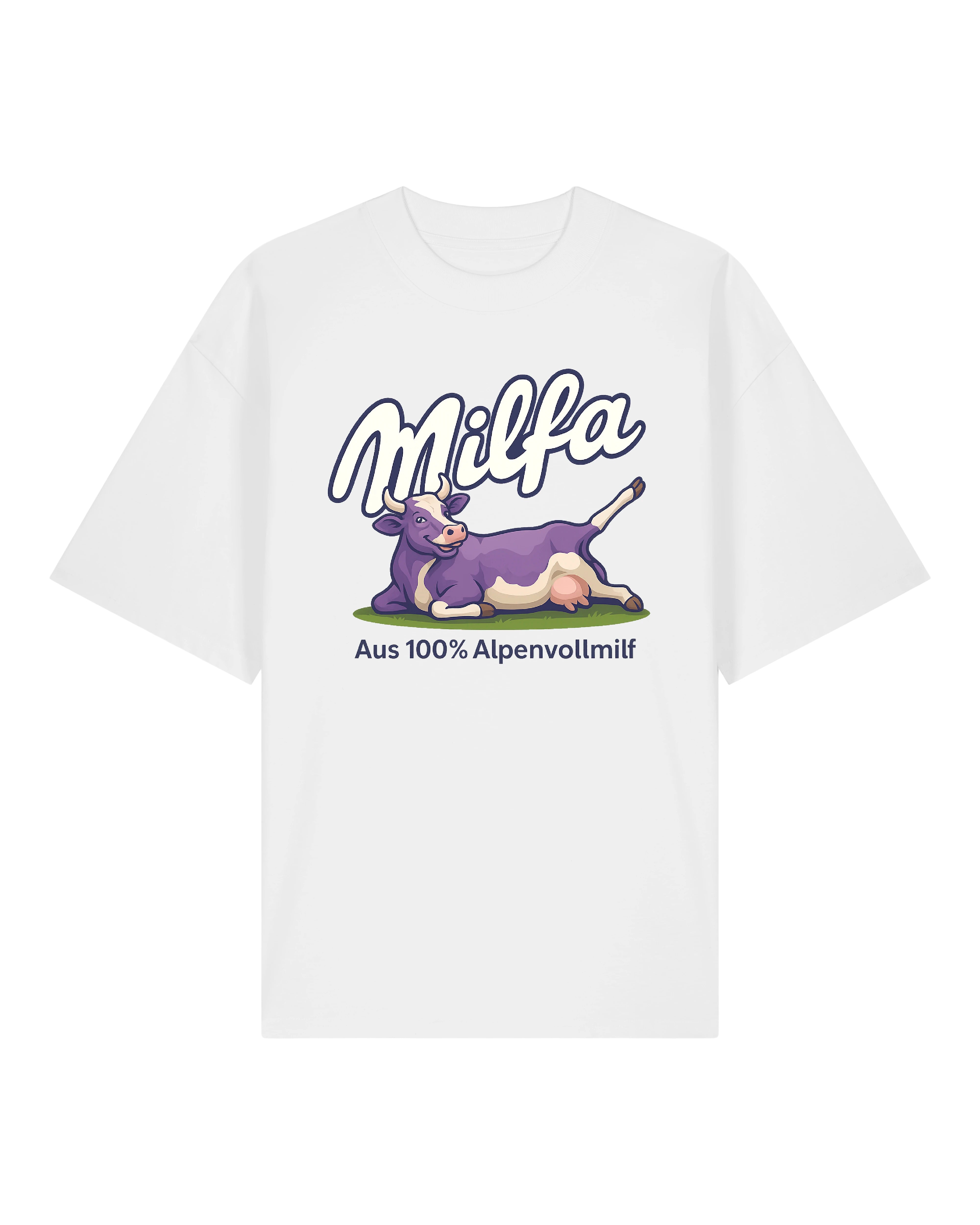 Milfa T-Shirt in Weiß mit lila Kuh und Aufdruck "Aus 100% Alpenvollmilf"