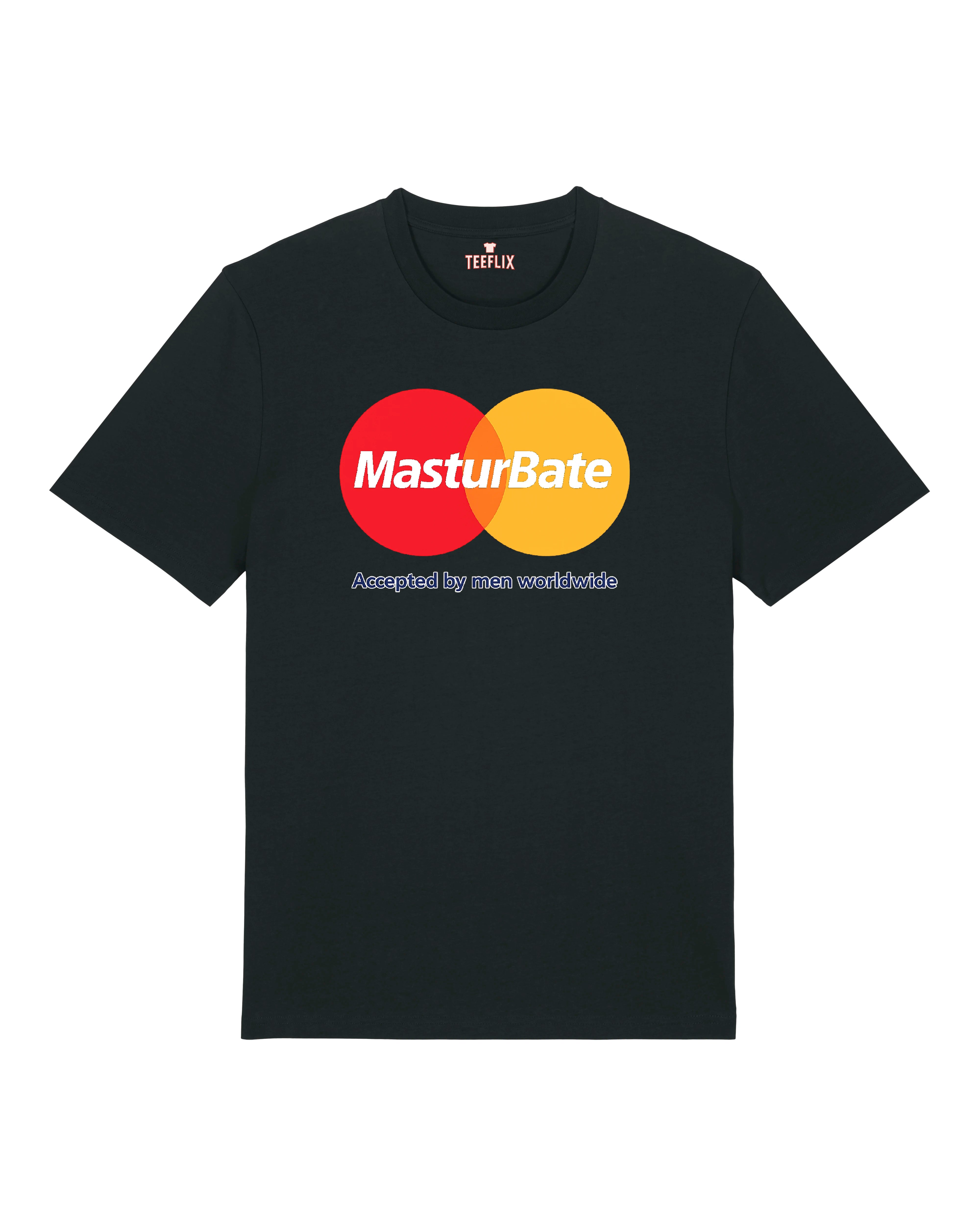 Schwarzes Funshirt mit der Aufschrift „MasturBate – Accepted by men worldwide“ – humorvolles Männer-T-Shirt.