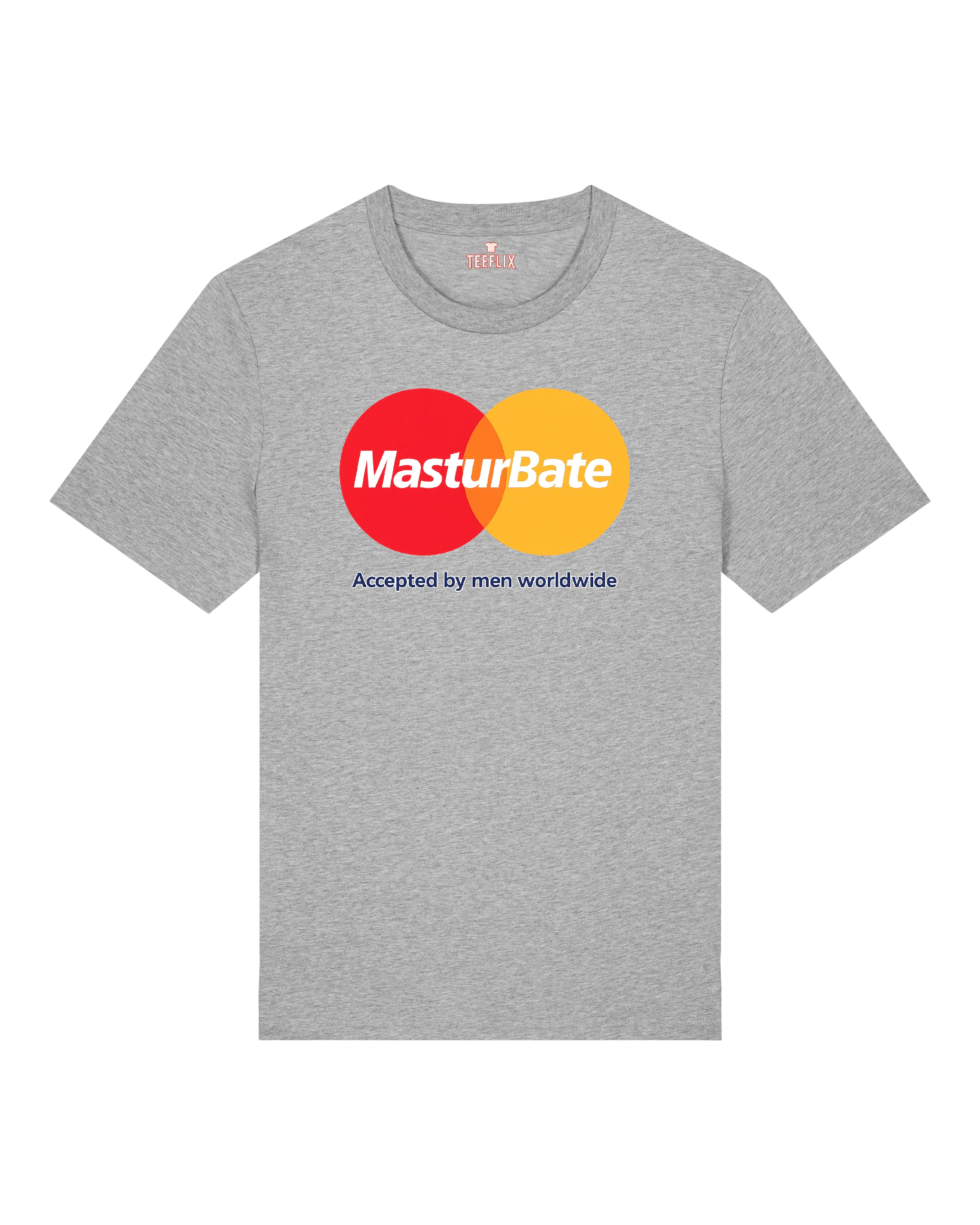 Graues MasturBate T-Shirt mit witzigem Parodie-Design angelehnt an Mastercard – Funshirt für Männer.