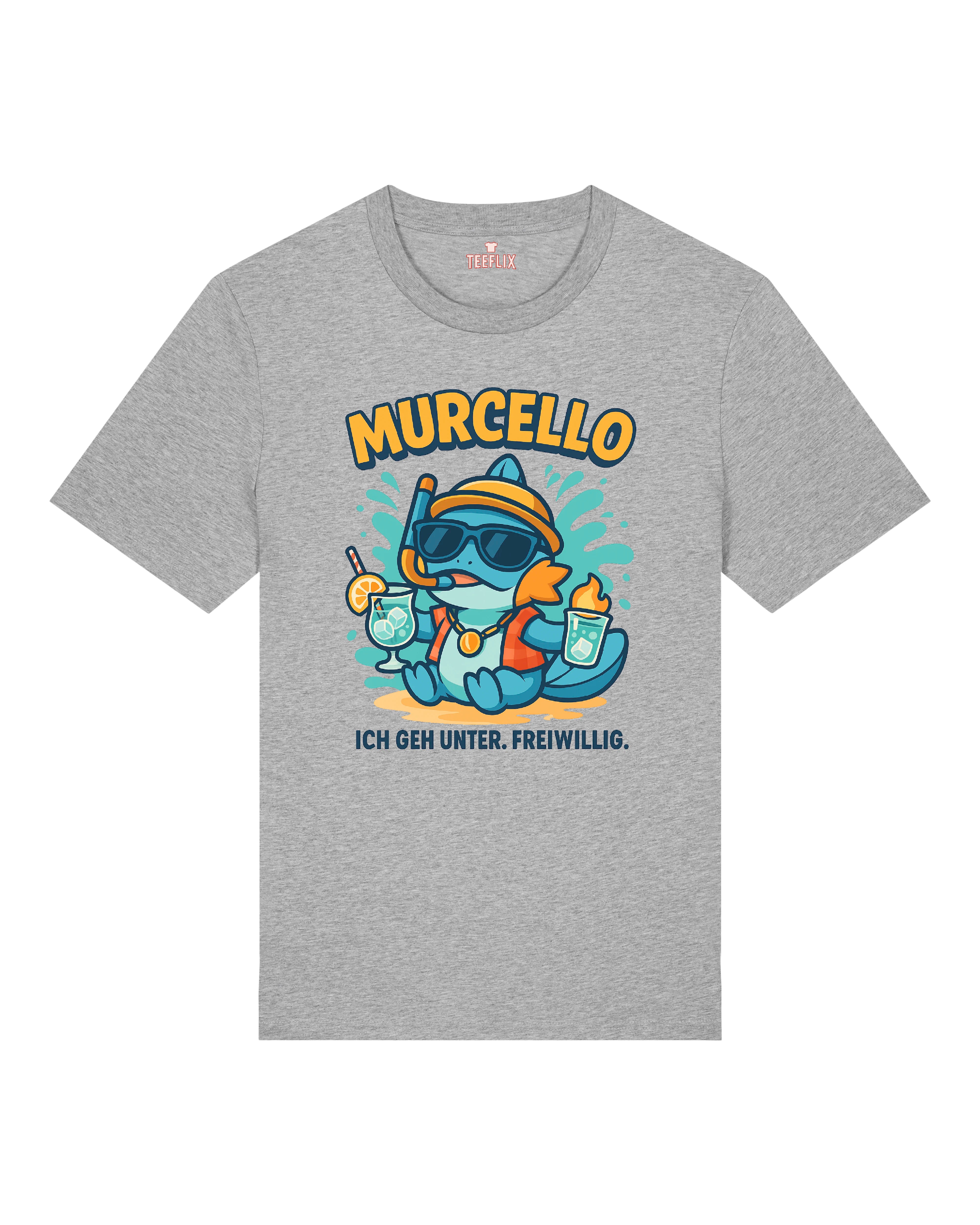 T-Shirt mit dem Aufdruck eines lustigen Cartoon-Fisches namens „Murcello“, der mit Sonnenbrille, Schnorchel und Getränken in der Hand entspannt. Darunter der Spruch: „Ich geh unter. Freiwillig.“ Erhältlich in Schwarz, Grau und Weiß.