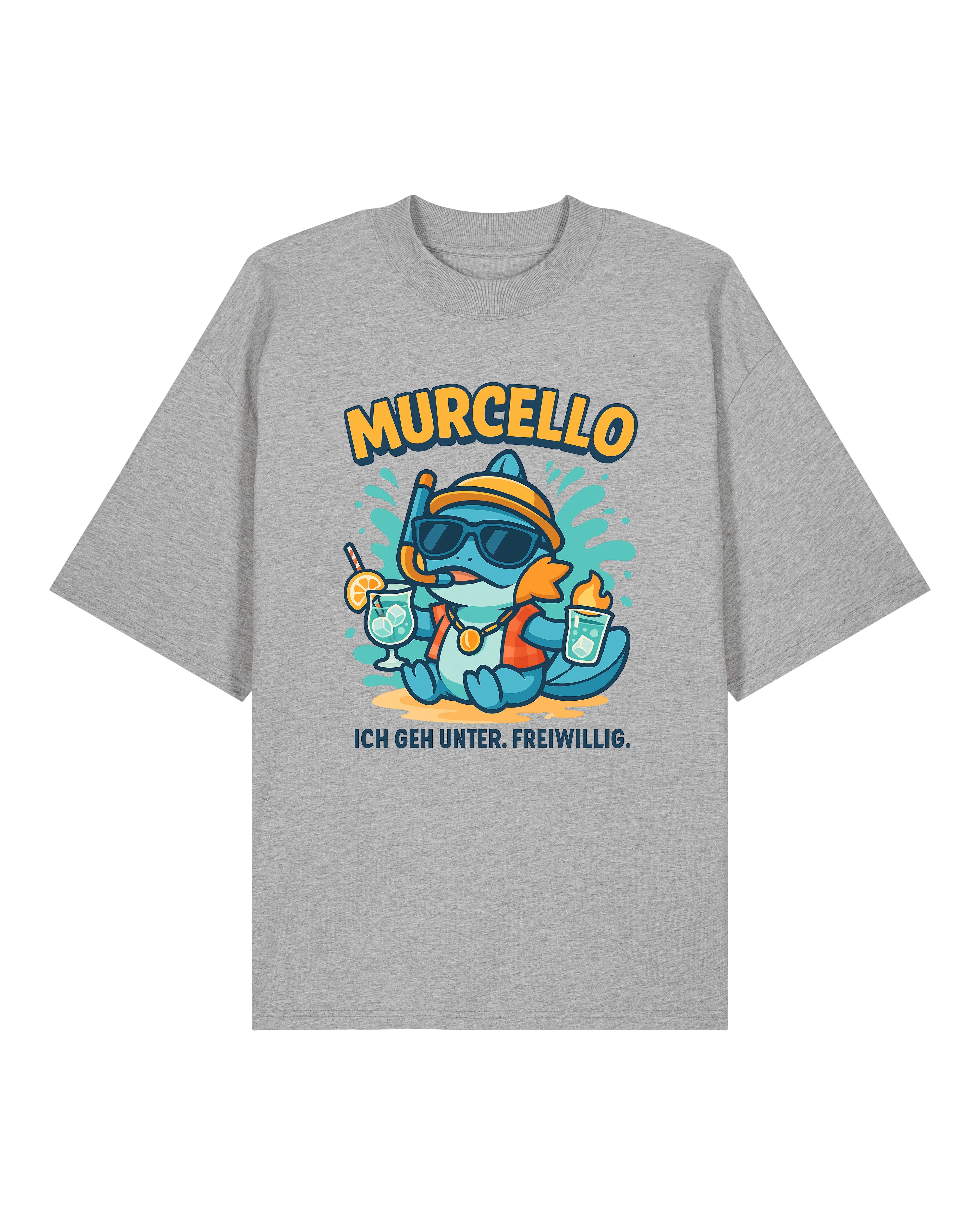 T-Shirt mit dem Aufdruck eines lustigen Cartoon-Fisches namens „Murcello“, der mit Sonnenbrille, Schnorchel und Getränken in der Hand entspannt. Darunter der Spruch: „Ich geh unter. Freiwillig.“ Erhältlich in Schwarz, Grau und Weiß.