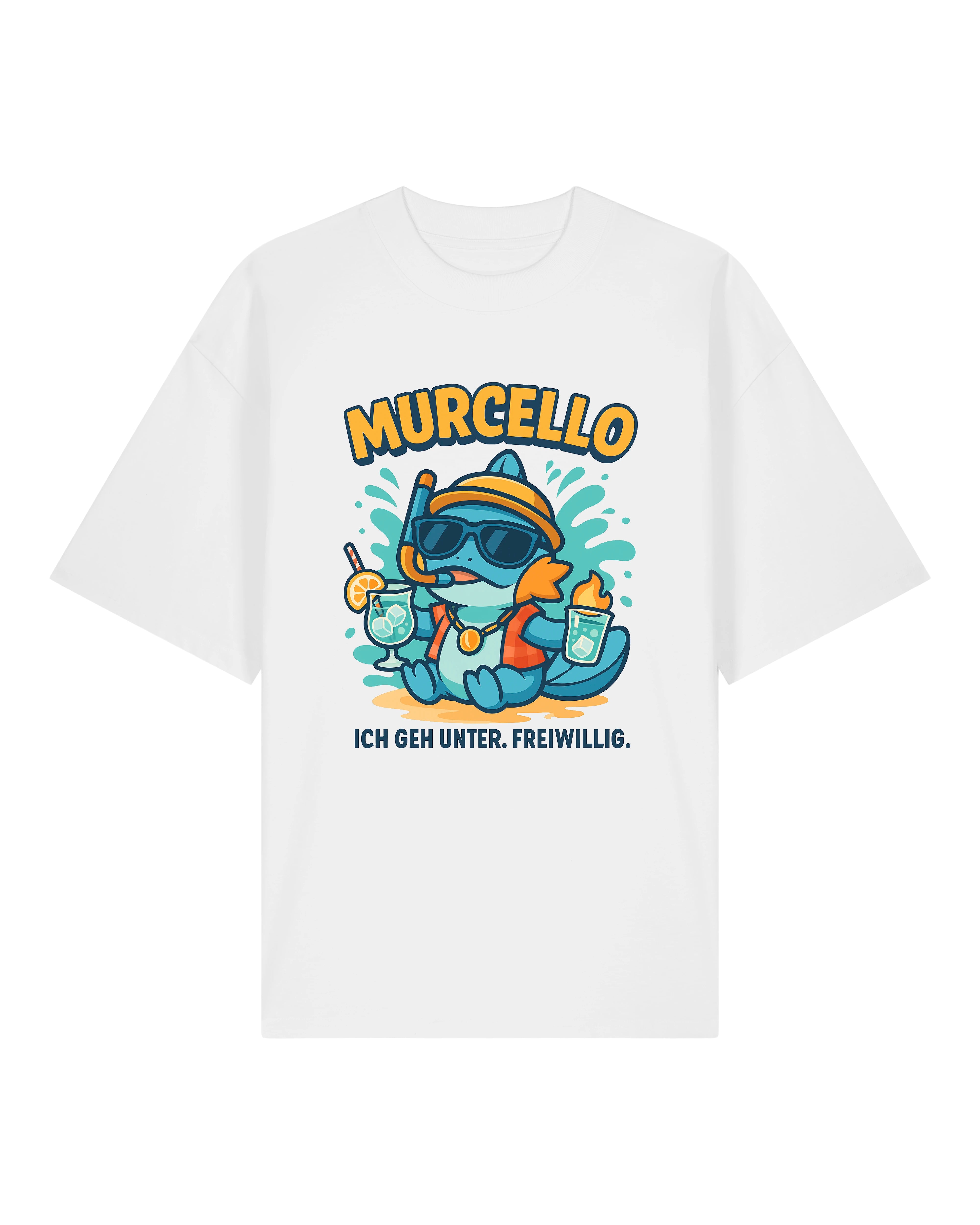 T-Shirt mit dem Aufdruck eines lustigen Cartoon-Fisches namens „Murcello“, der mit Sonnenbrille, Schnorchel und Getränken in der Hand entspannt. Darunter der Spruch: „Ich geh unter. Freiwillig.“ Erhältlich in Schwarz, Grau und Weiß.