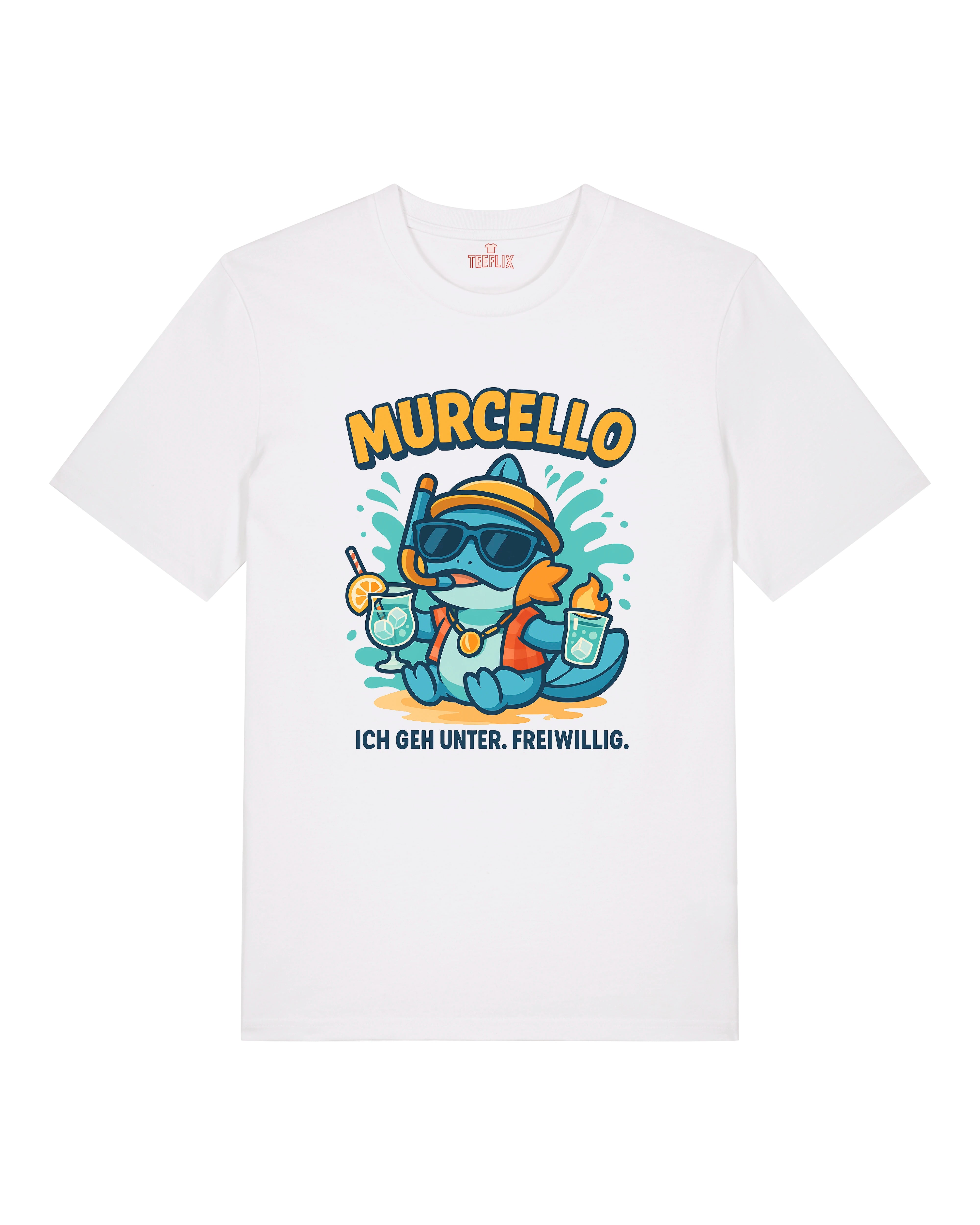 T-Shirt mit dem Aufdruck eines lustigen Cartoon-Fisches namens „Murcello“, der mit Sonnenbrille, Schnorchel und Getränken in der Hand entspannt. Darunter der Spruch: „Ich geh unter. Freiwillig.“ Erhältlich in Schwarz, Grau und Weiß.