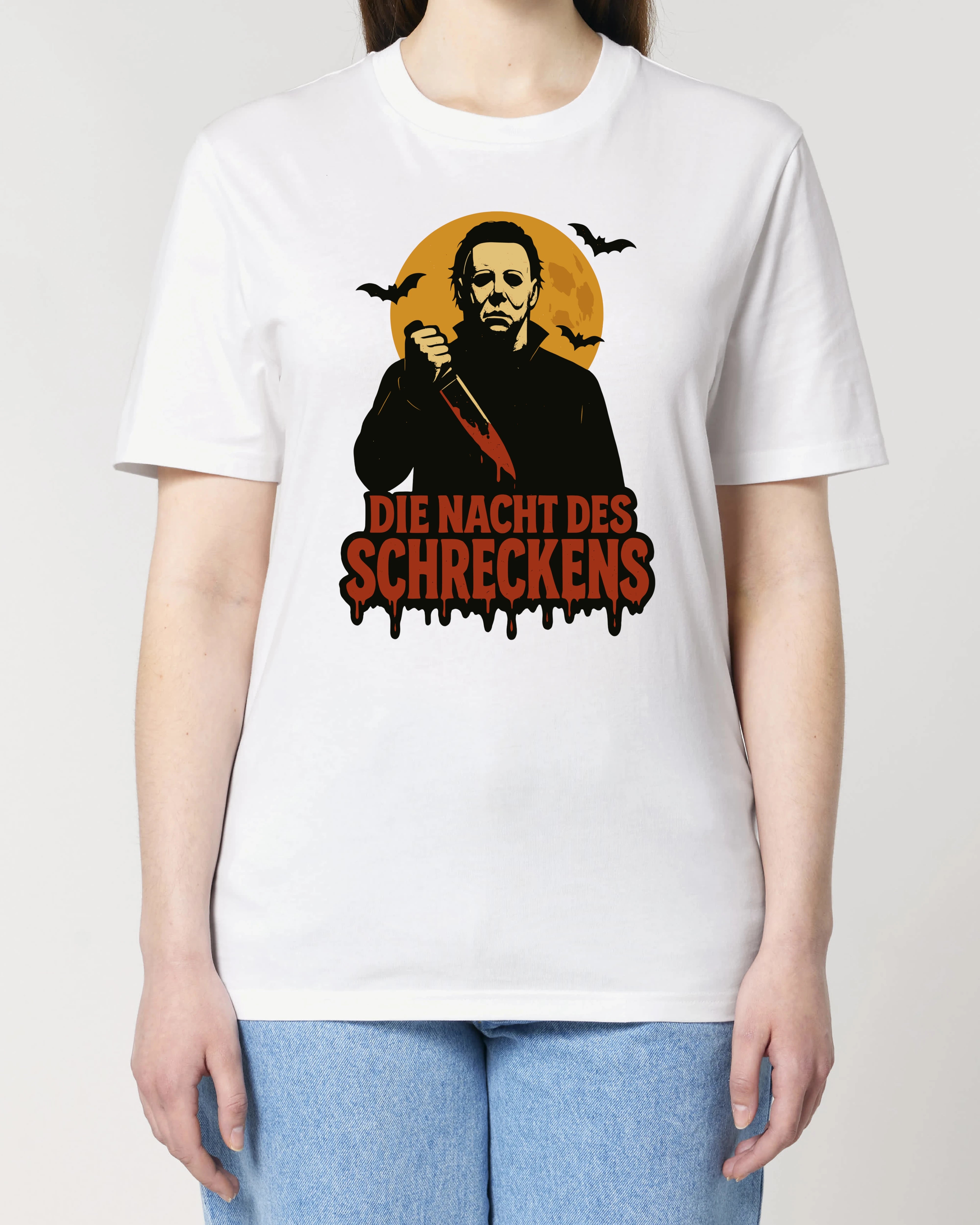Damen Halloween T-Shirt Weiß – Gruseliges Slasher Design Die Nacht des Schreckens