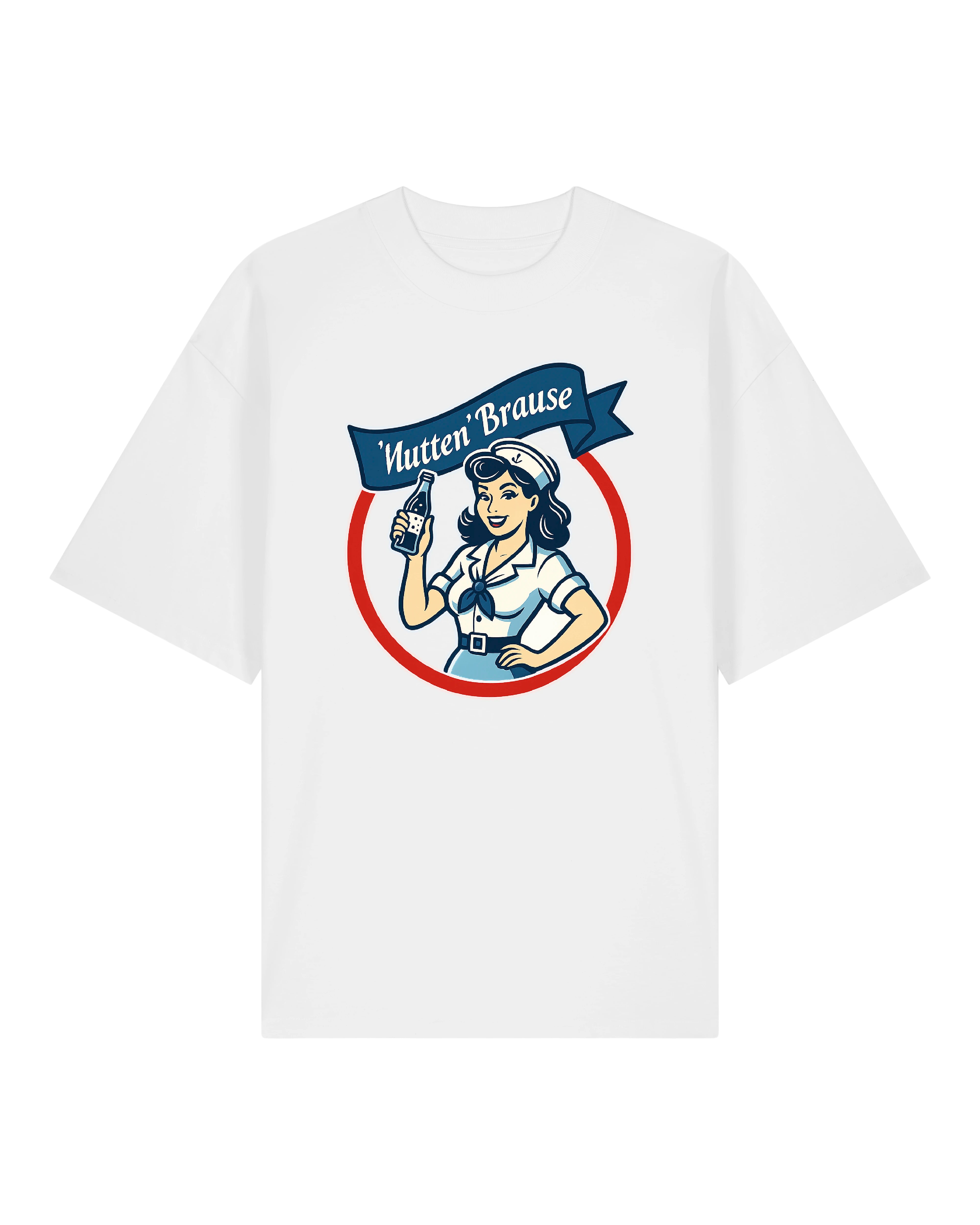 T-Shirt „Nuttenbrause“ in Weiß mit Retro-Illustration einer Frau und Getränk