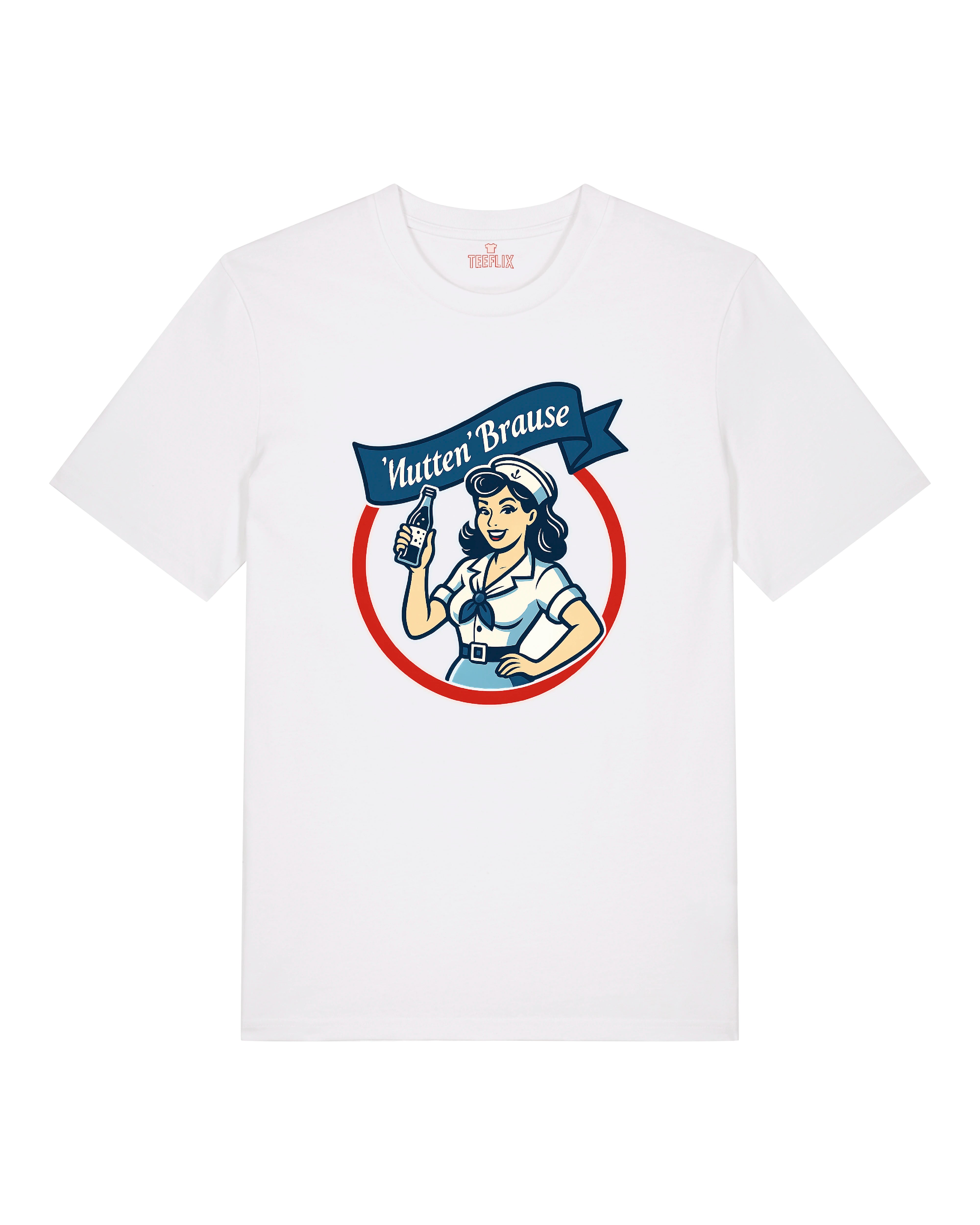 T-Shirt „Nuttenbrause“ in Weiß mit Retro-Illustration einer Frau und Getränk