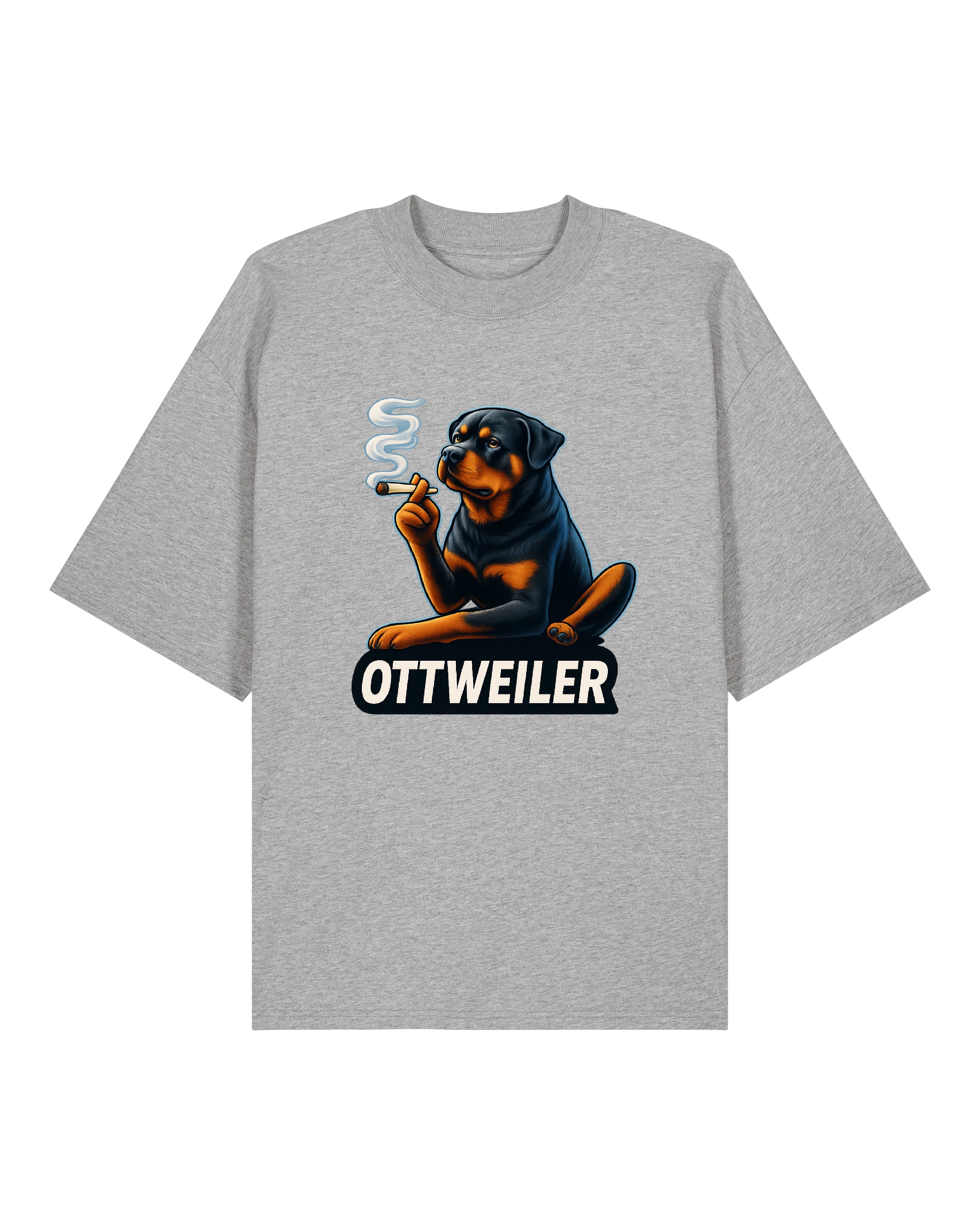 Graues T-Shirt mit witzigem Rottweiler-Motiv: Der Hund raucht gechillt einen Joint. Der darunter stehende Text „OTTWEILER“ rundet das coole Design ab.
