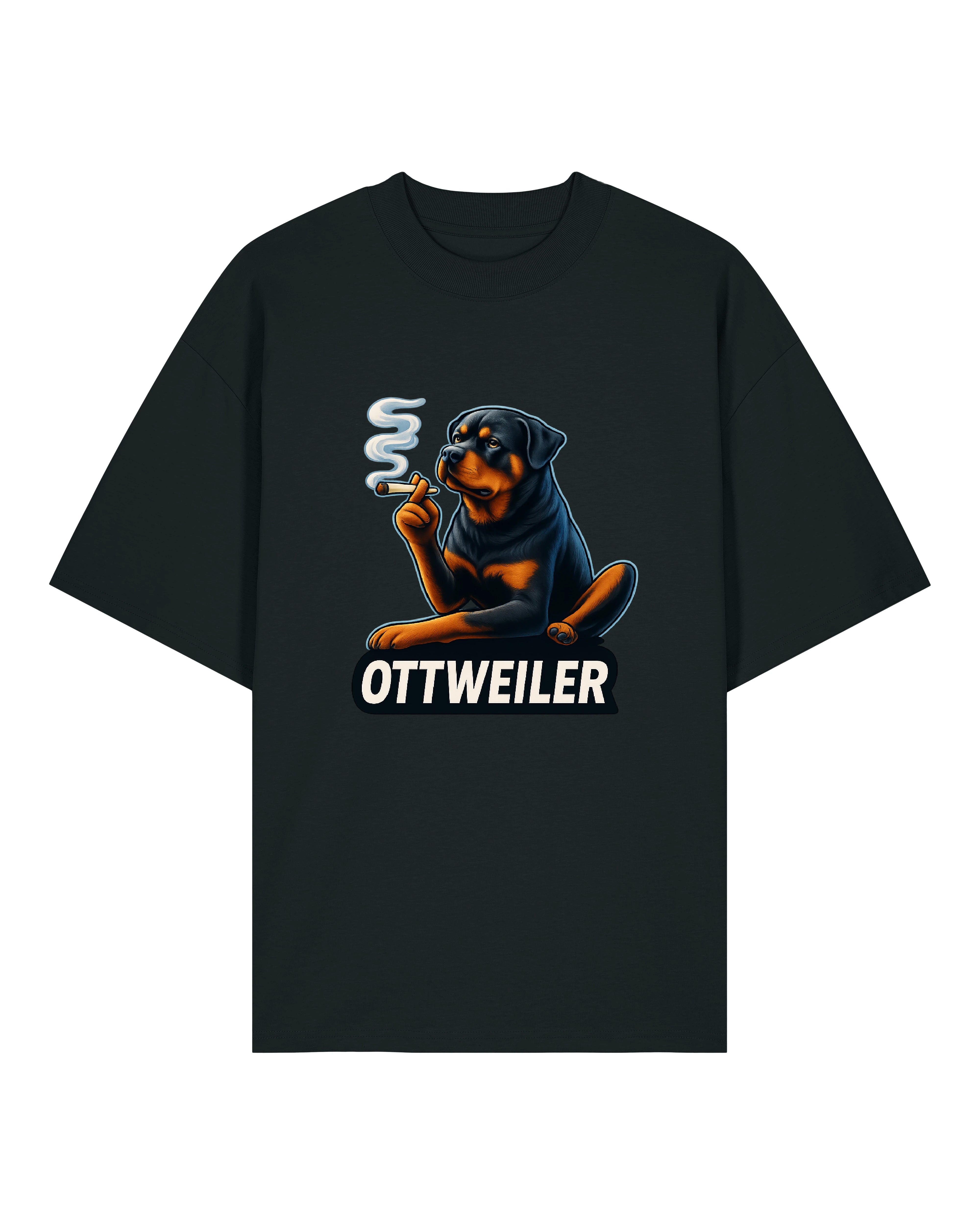 Lustiges T-Shirt in Schwarz mit einem gezeichneten Rottweiler, der entspannt einen Joint raucht. Der Schriftzug „OTTWEILER“ steht darunter – perfektes Gag-Shirt für Hundefans und Kifferhumor.