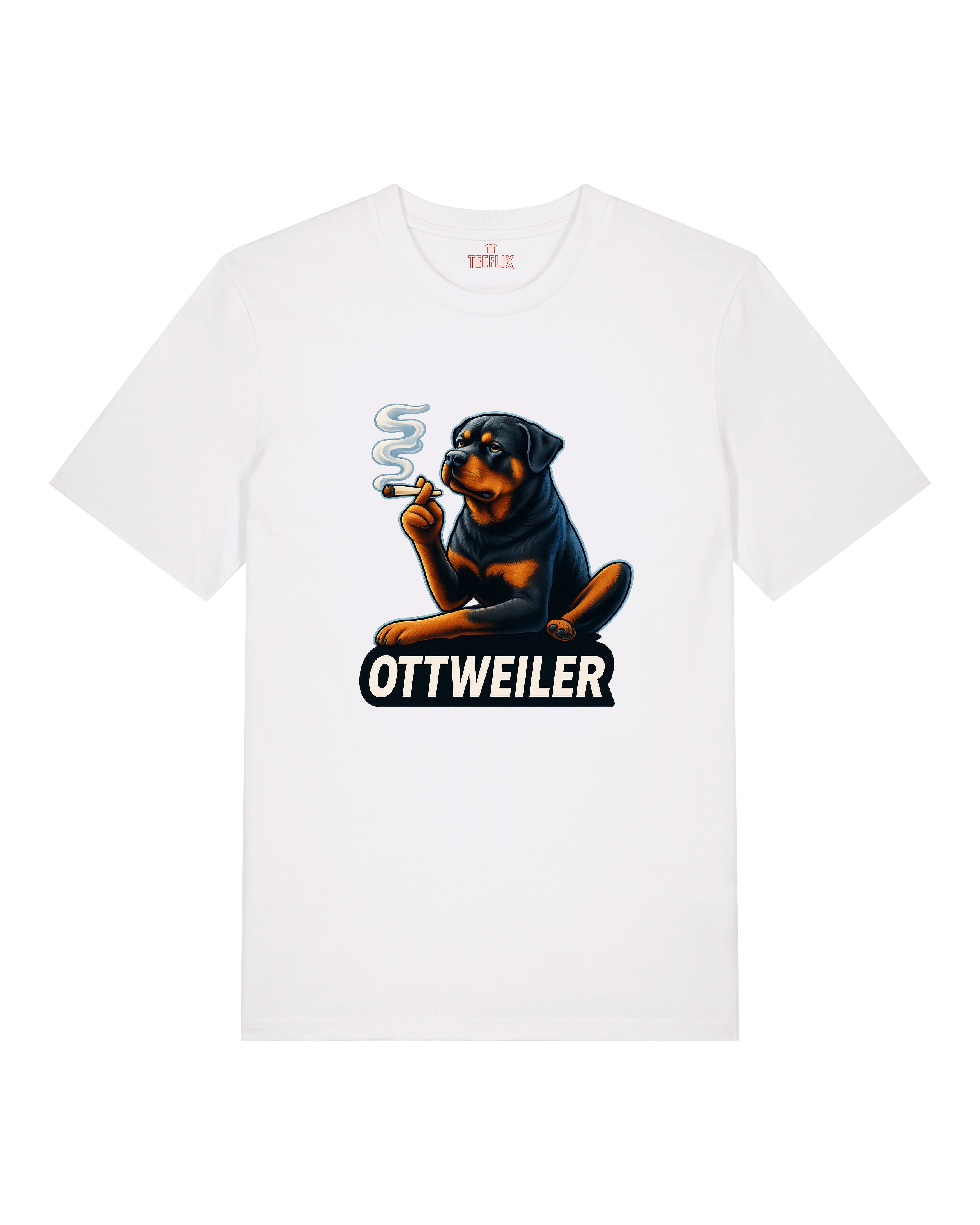  Weißes Funshirt mit einem cartoonartigen Rottweiler, der einen Joint raucht. Unter dem Motiv steht der Text „OTTWEILER“. Cooles Statement-Shirt für Hundefreunde mit Humor.