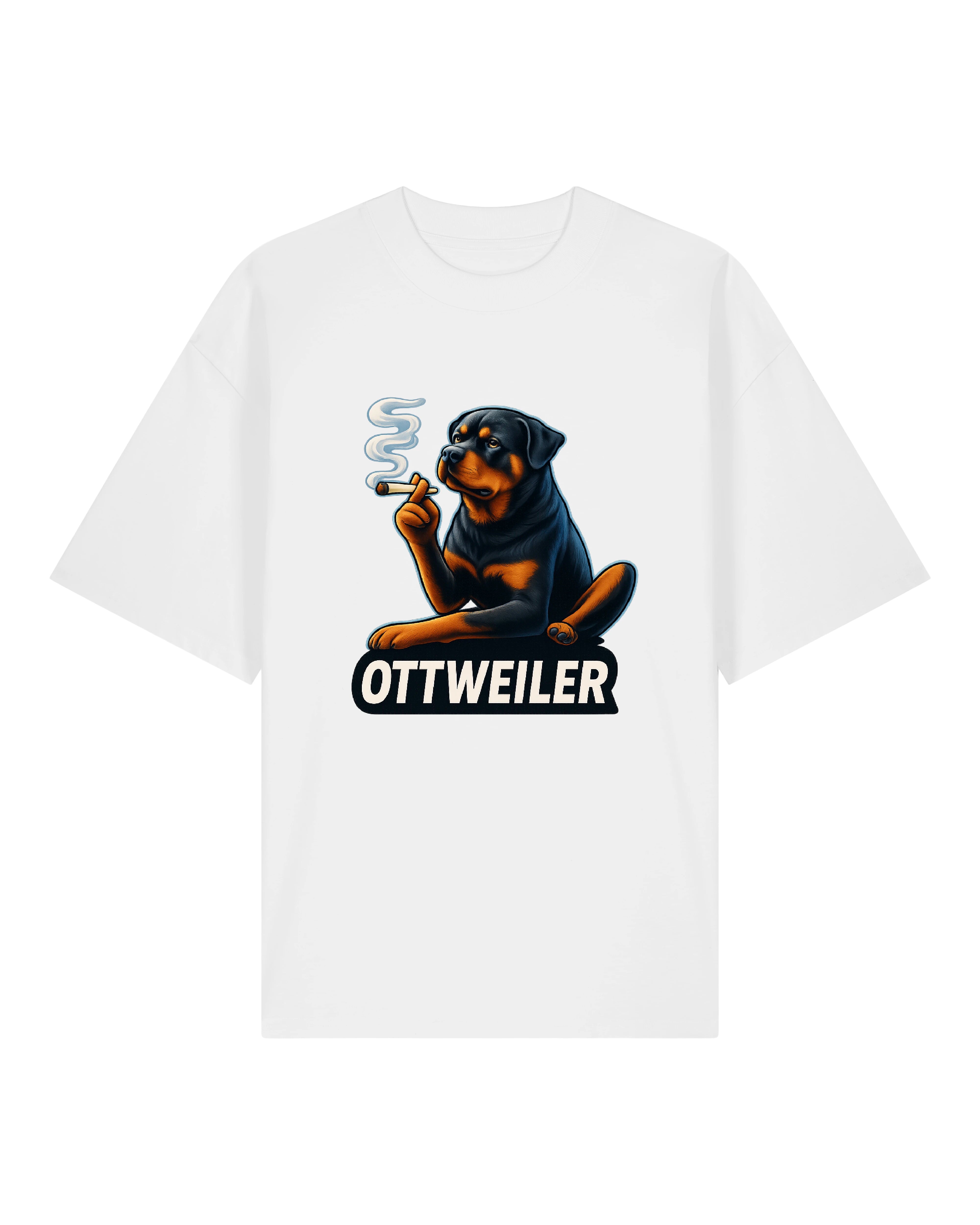  Weißes Funshirt mit einem cartoonartigen Rottweiler, der einen Joint raucht. Unter dem Motiv steht der Text „OTTWEILER“. Cooles Statement-Shirt für Hundefreunde mit Humor.