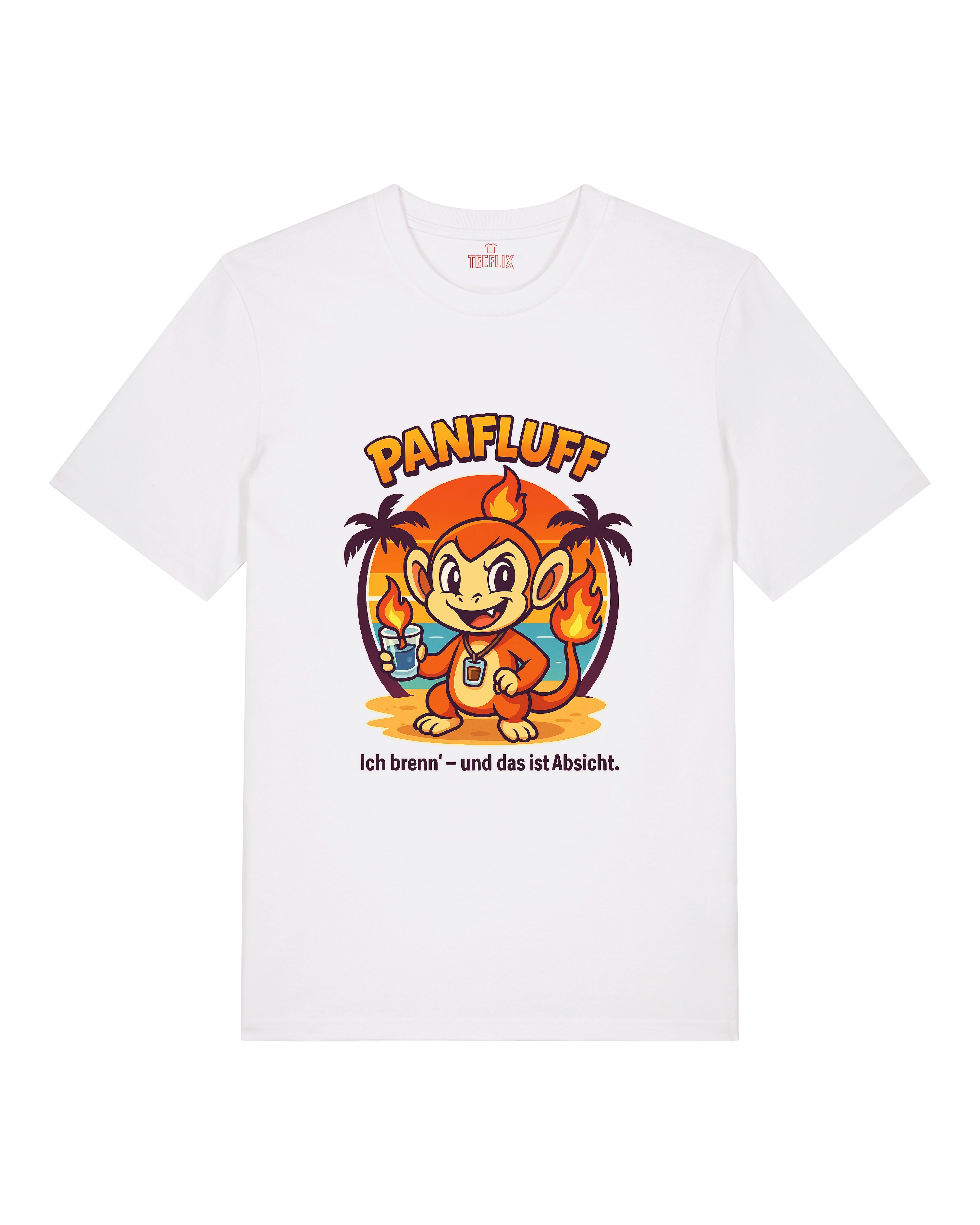 PANFLUFF T-Shirt in Weiß mit humorvollem Feuer-Design – perfekt für sonnige Tage.