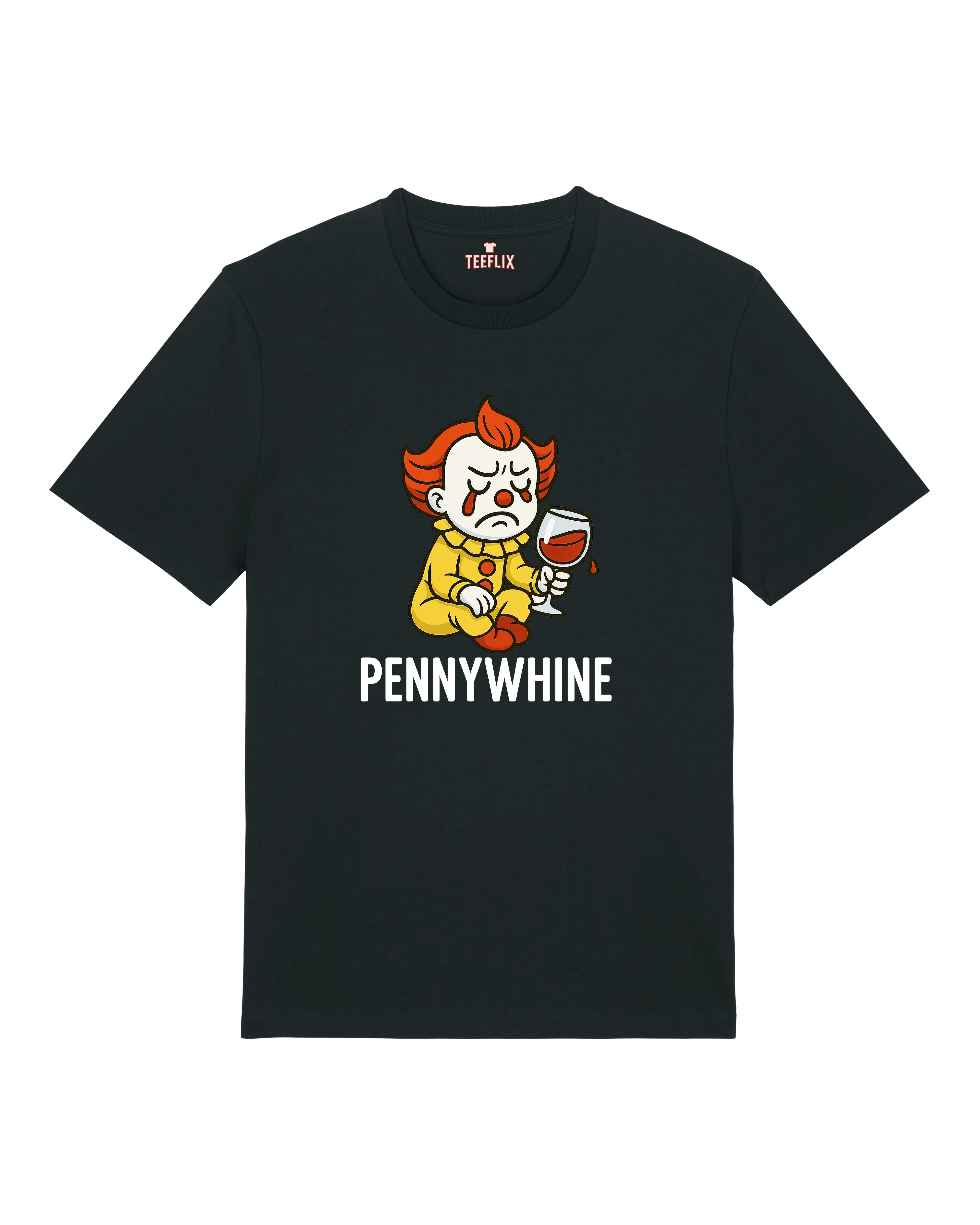 Schwarzes Shirt mit „Pennywhine“-Clown und Wein-Illustration