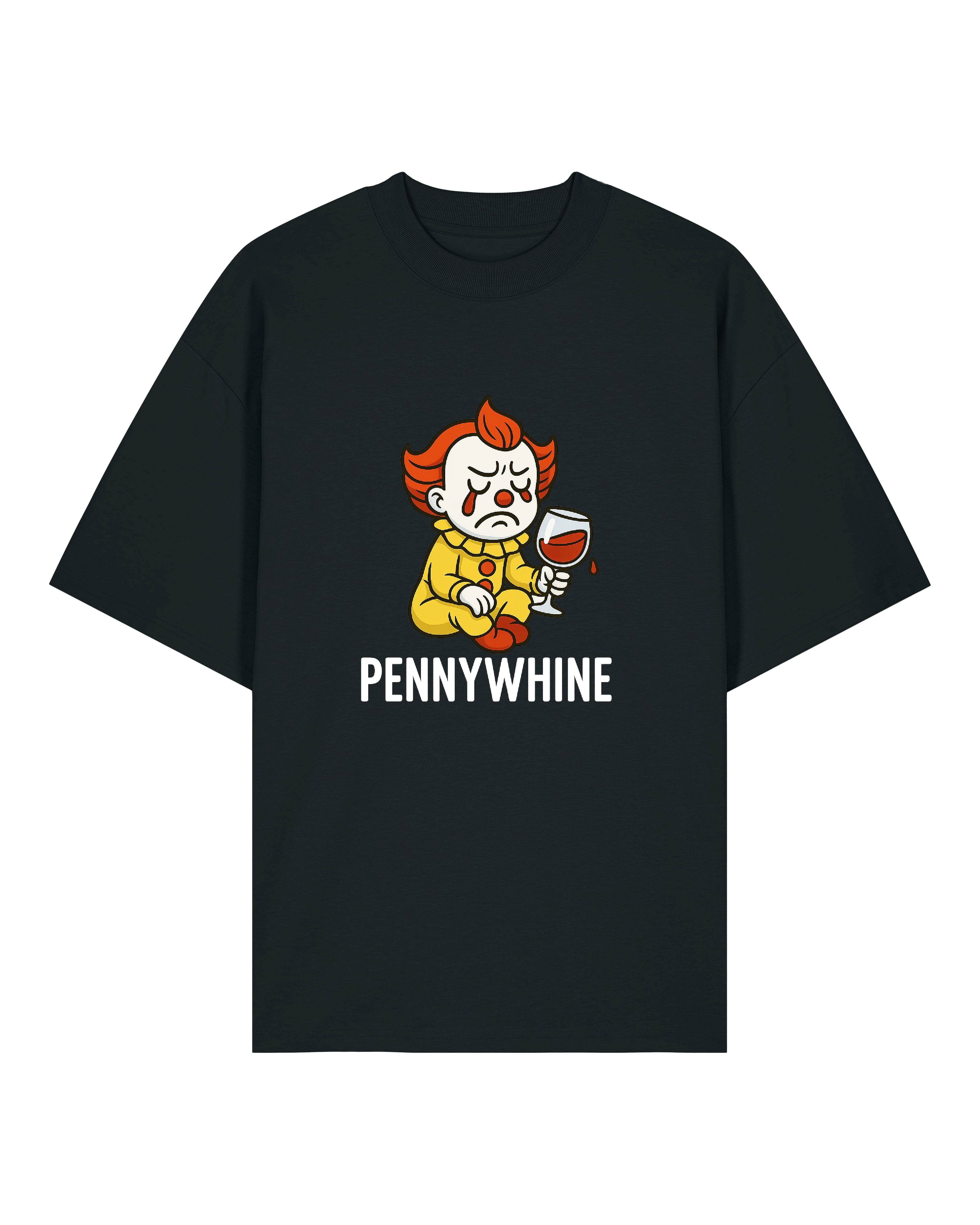 Schwarzes Shirt mit „Pennywhine“-Clown und Wein-Illustration