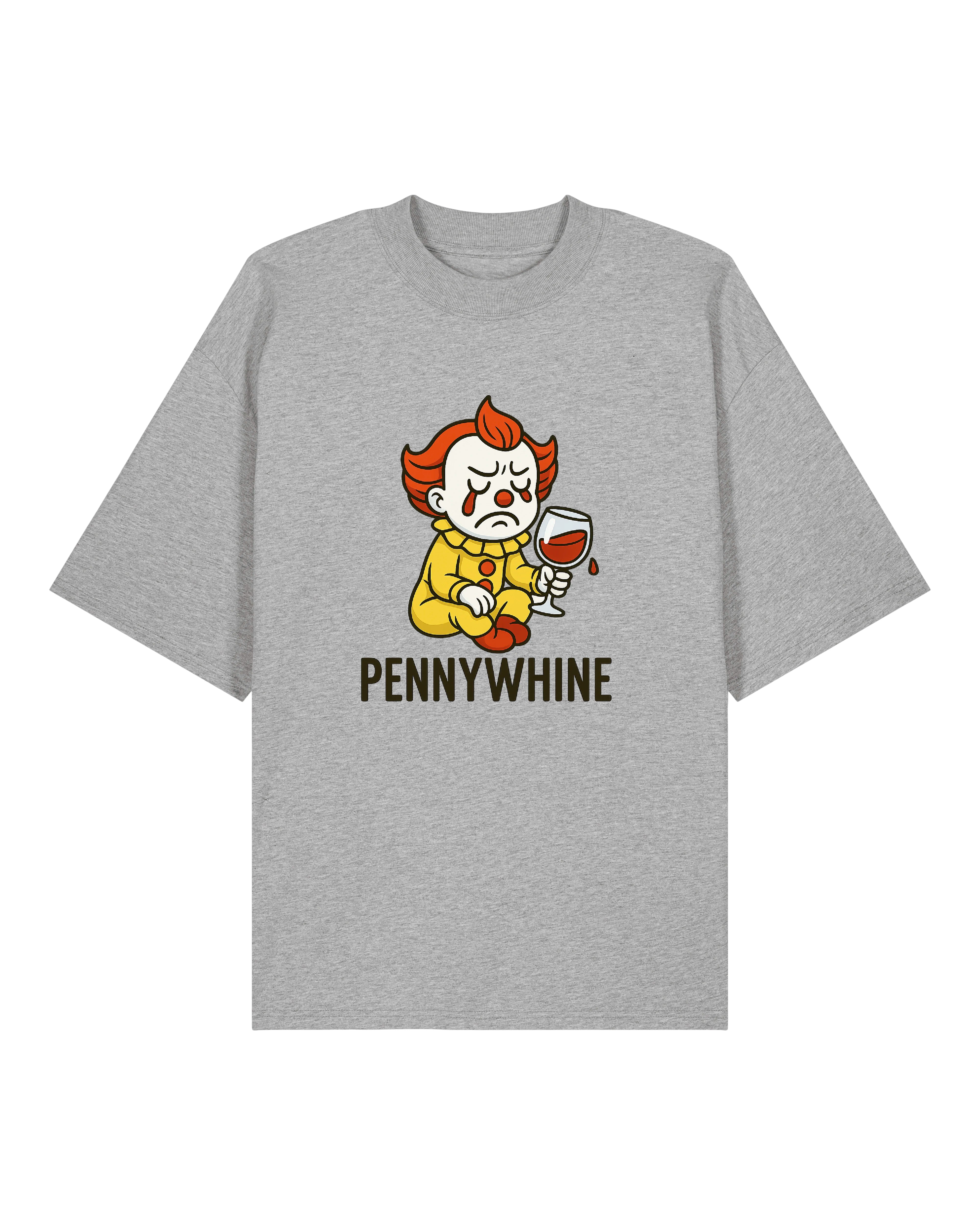 Graues T-Shirt mit weinendem Clown und dem Schriftzug „Pennywhine“