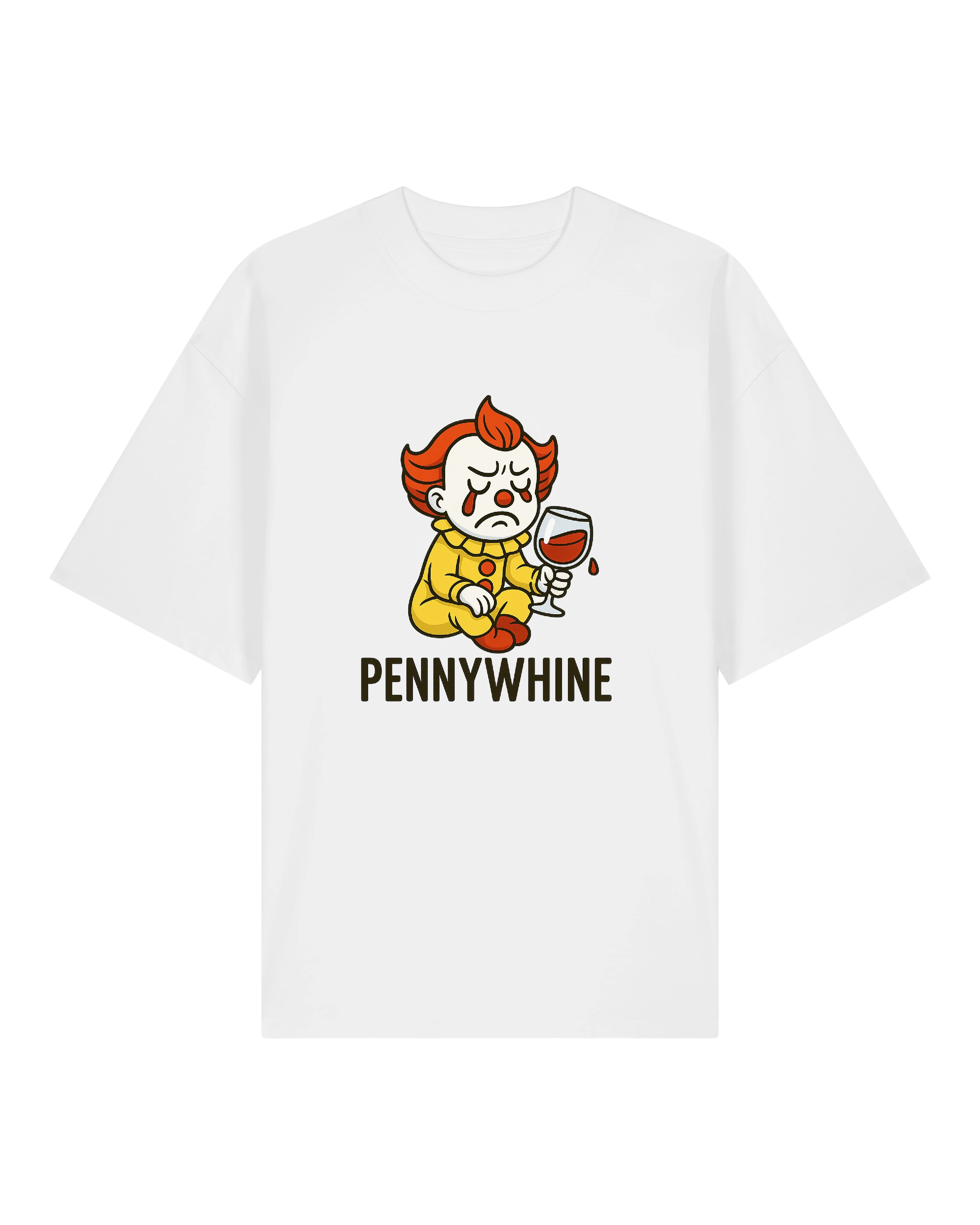 Weißes T-Shirt mit traurigem Clown und Weinglas-Motiv