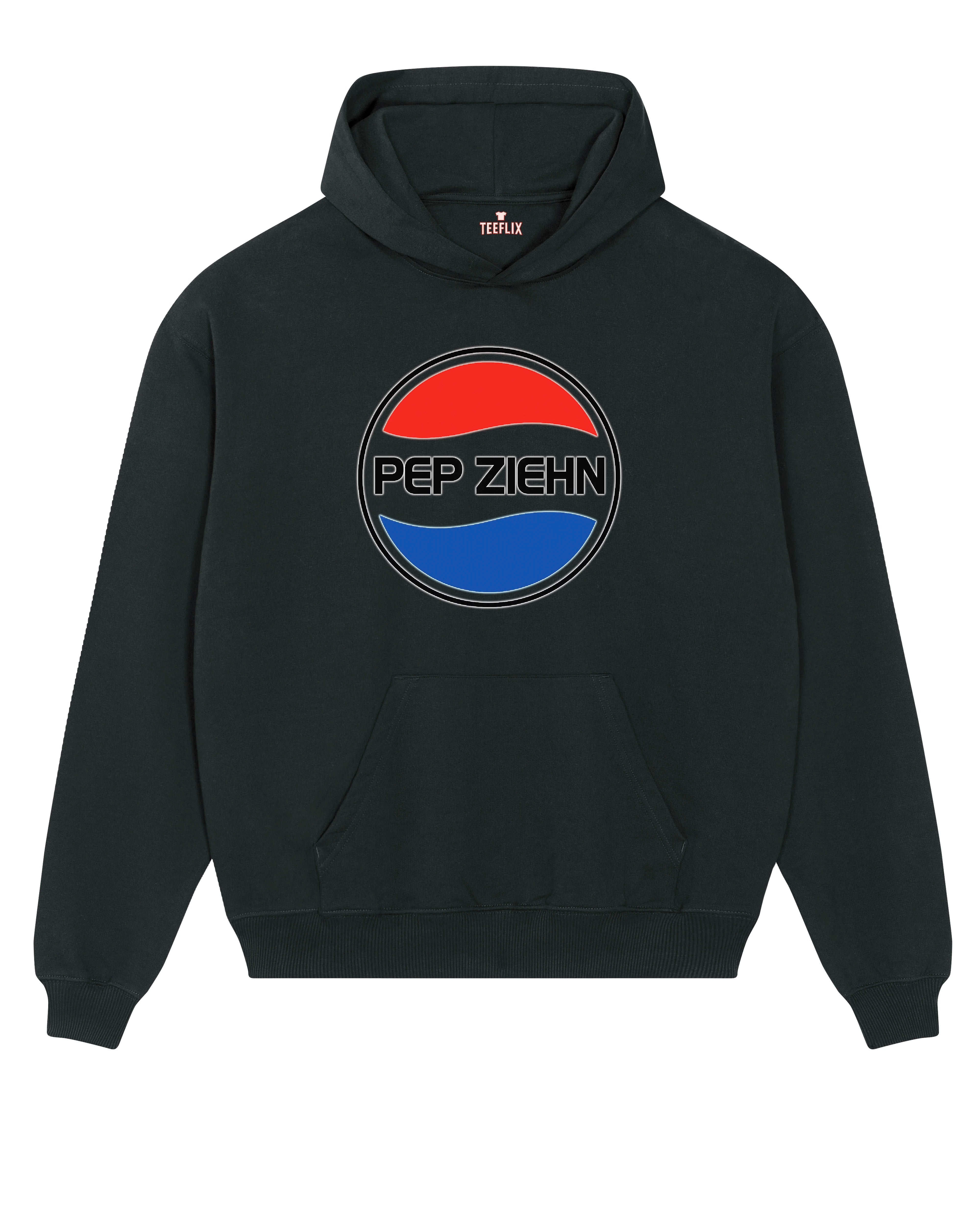 Schwarzer Hoodie mit „Pep Ziehn“-Logo in Pepsi-Stil – lustiger Parodie-Pullover in Weiß, Schwarz und Creme.