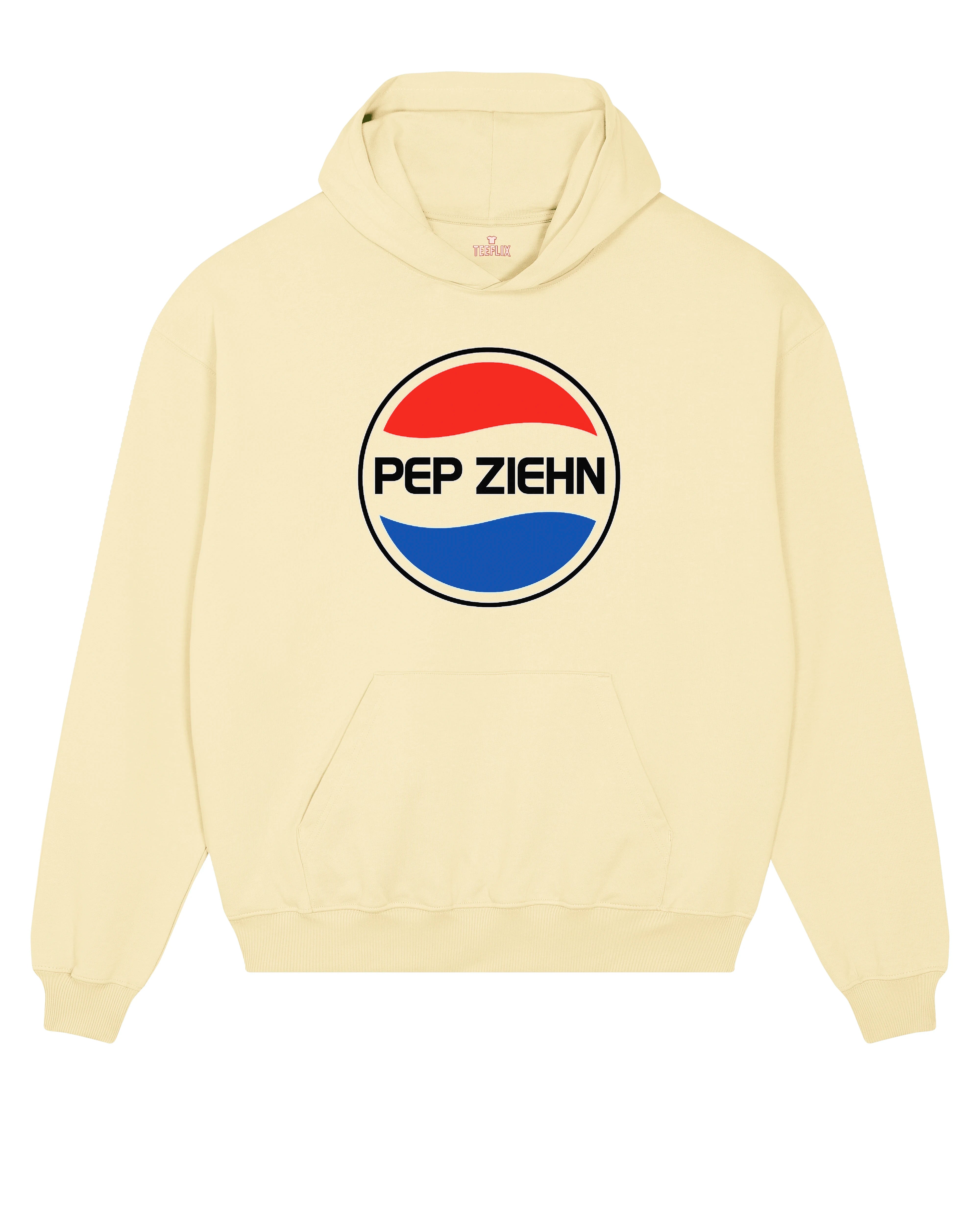 Schwarzer Hoodie mit „Pep Ziehn“-Logo in Pepsi-Stil – lustiger Parodie-Pullover in Weiß, Schwarz und Creme.