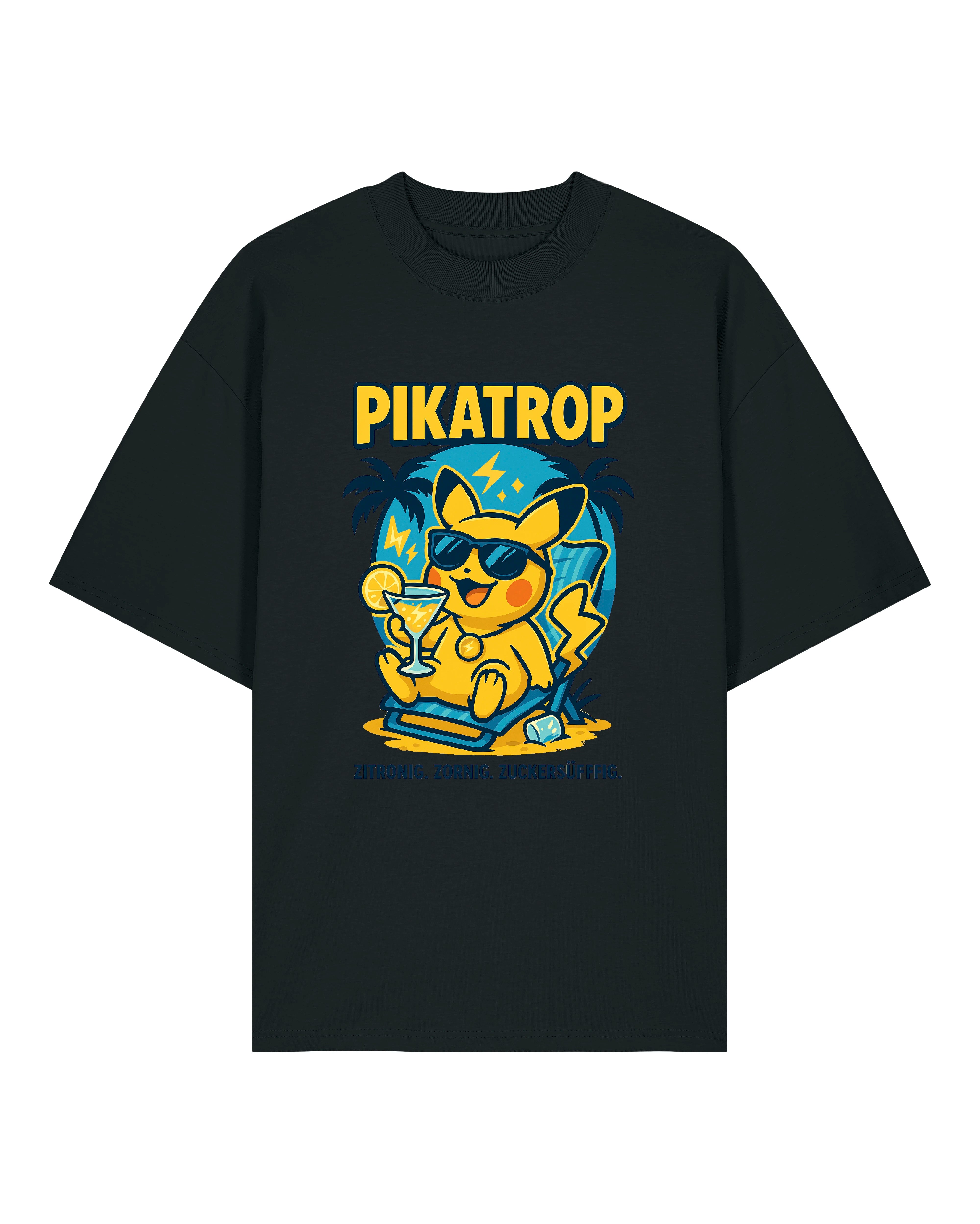 Schwarzes „Pikatrop“ T-Shirt mit auffälligem Sommer-Print – lässig, zornig, süffig: Das perfekte Shirt für laue Nächte.