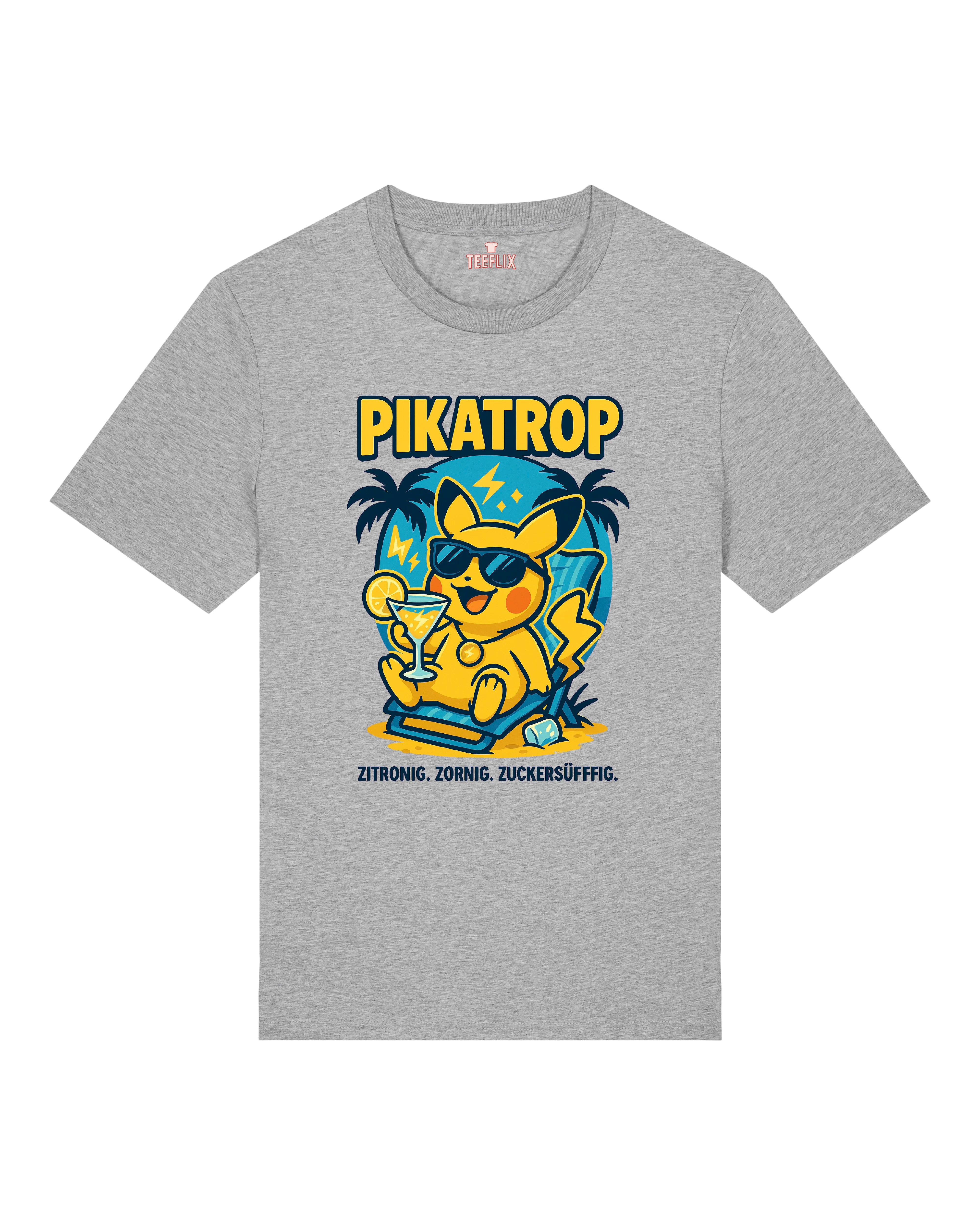Graues „Pikatrop“ T-Shirt mit witzigem Cartoon-Print – der blitzgelbe Sommerheld genießt seinen Drink im Sonnenstuhl.