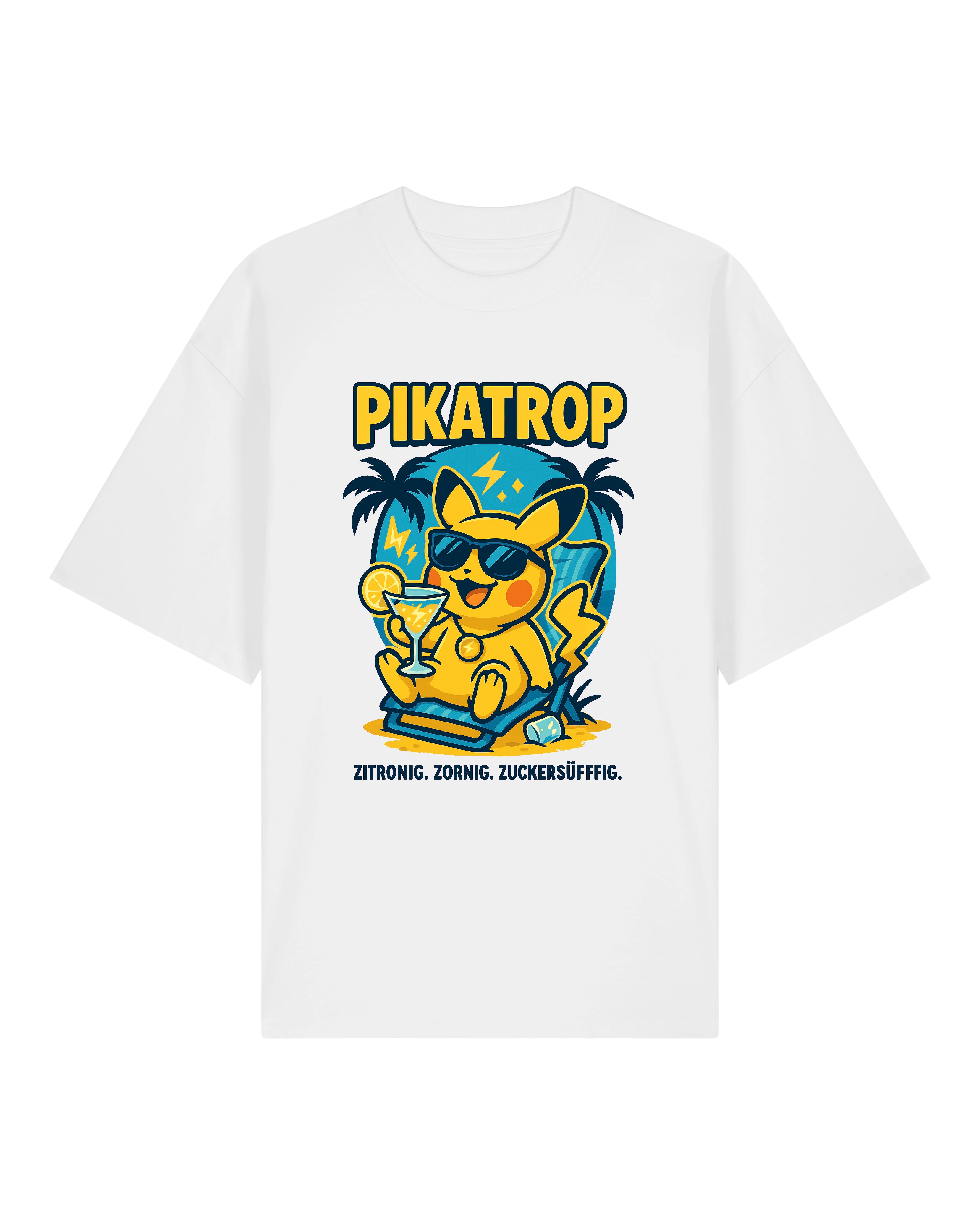 Weißes „Pikatrop“ T-Shirt mit chilligem Zitronen-Blitz-Charakter in Sonnenliege – perfekt für heiße Tage mit Humor.