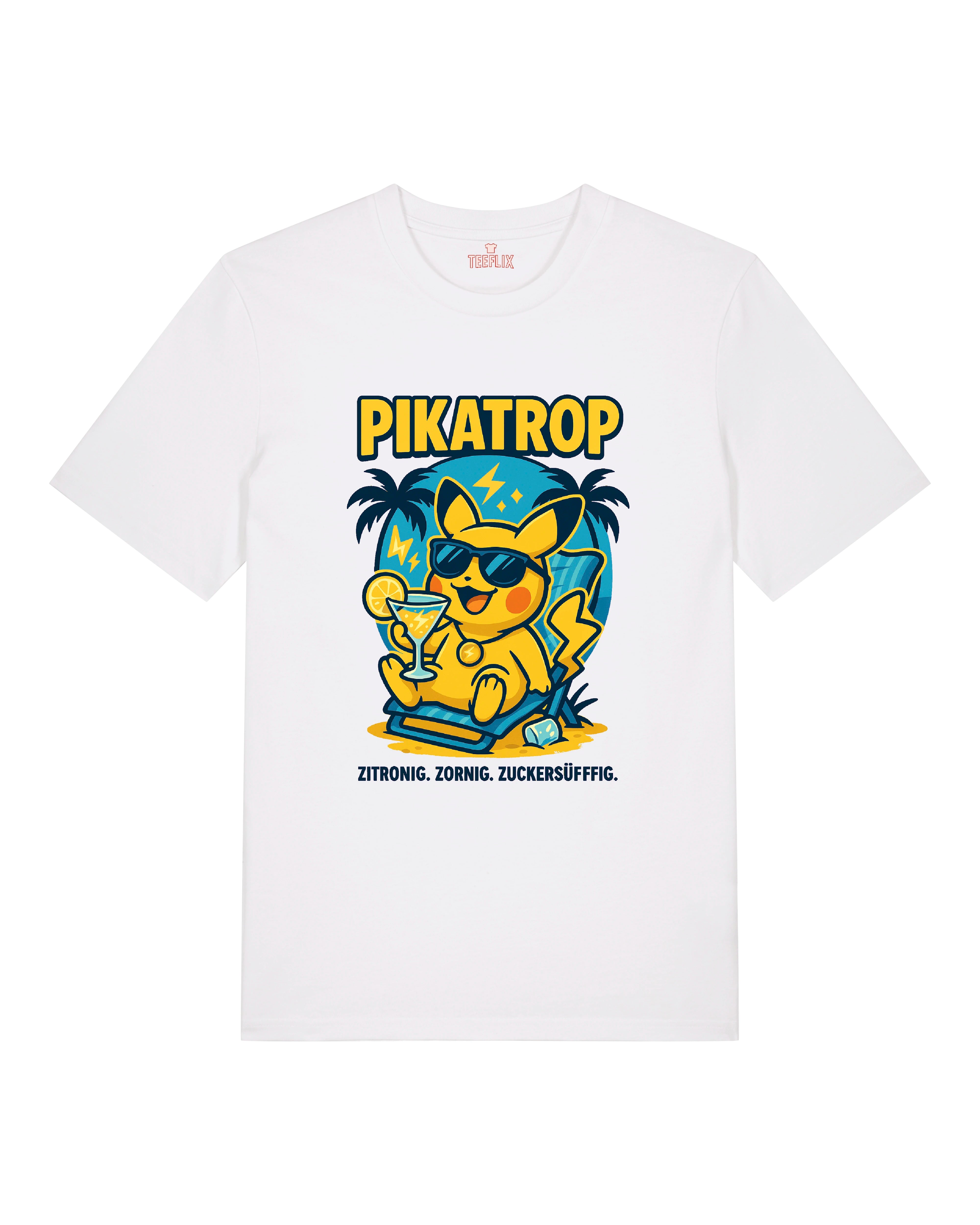 Weißes „Pikatrop“ T-Shirt mit chilligem Zitronen-Blitz-Charakter in Sonnenliege – perfekt für heiße Tage mit Humor.