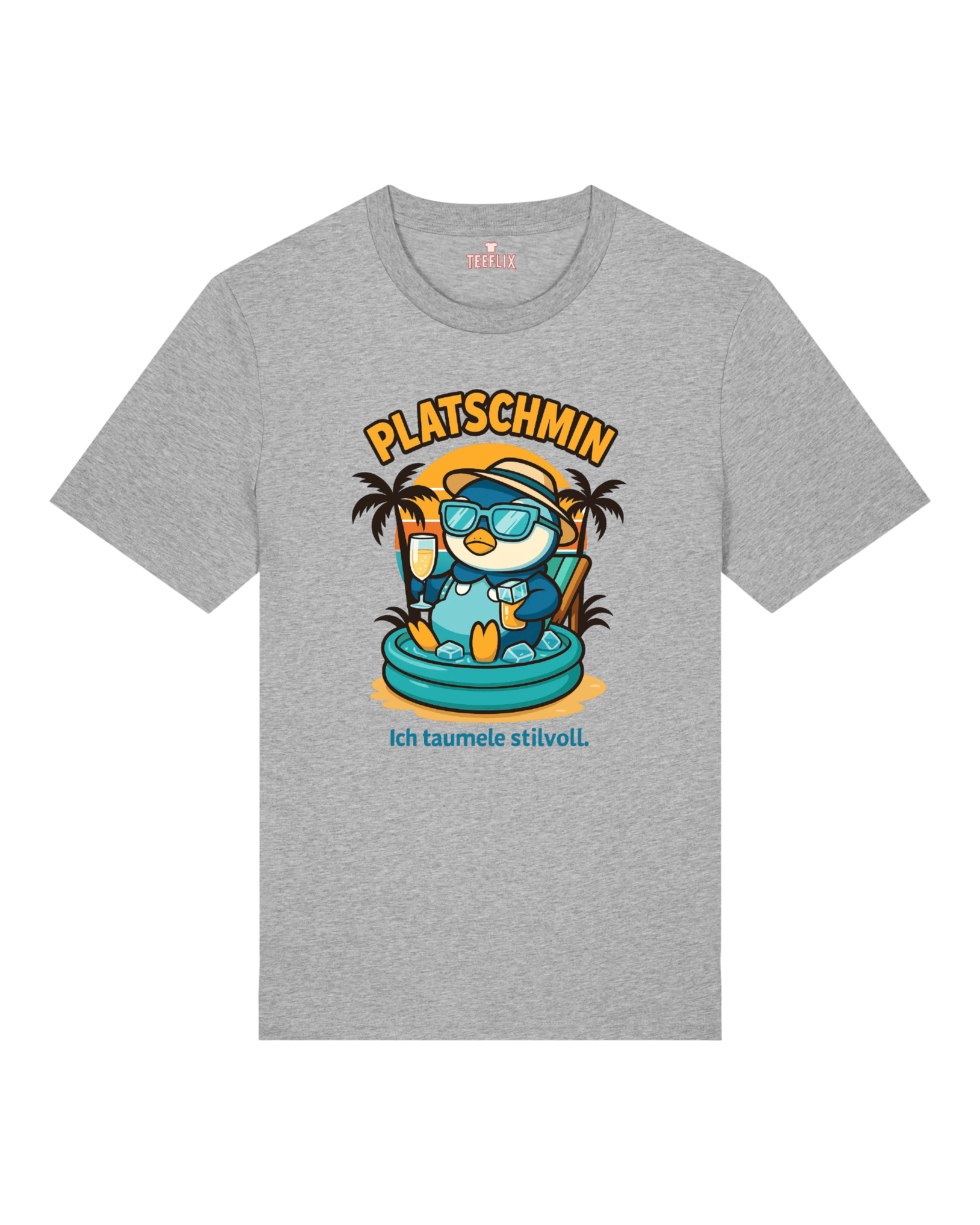 Graues Platschmin T-Shirt mit entspannter Pinguin-Grafik und lustigem Sommer-Spruch